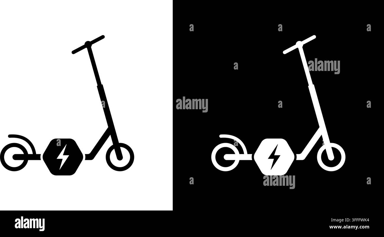 Scooter elettrico con Bolt Solid Icon Set. Trasporto ecologico, mobilità urbana e viaggi sostenibili Collezione di simboli in silhouette. Moderno Illustrazione Vettoriale