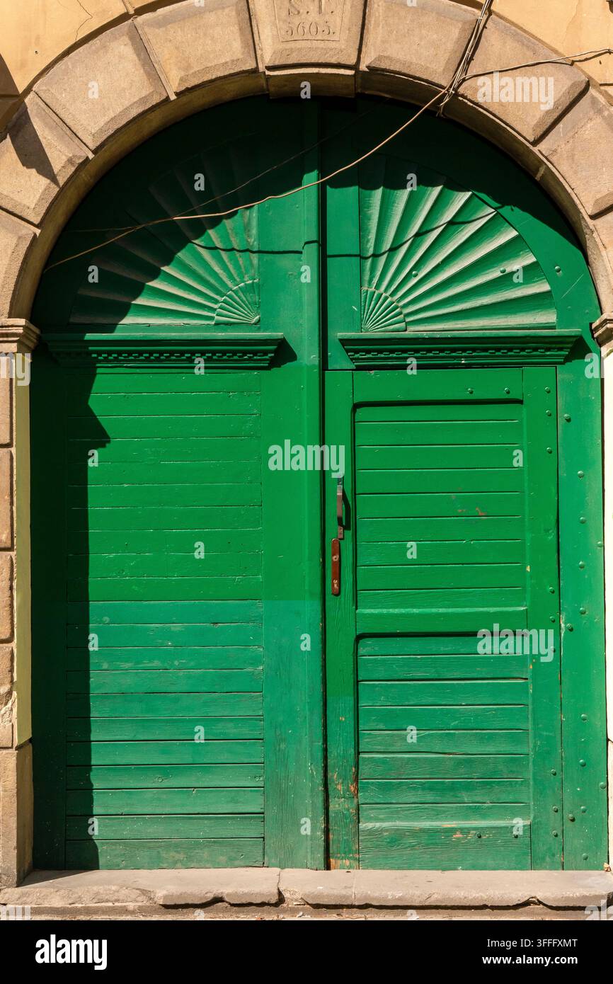 Audace porta in legno verde ad arco con intagli a forma di ventaglio a Cracovia, Kazimierz, Polonia Foto Stock