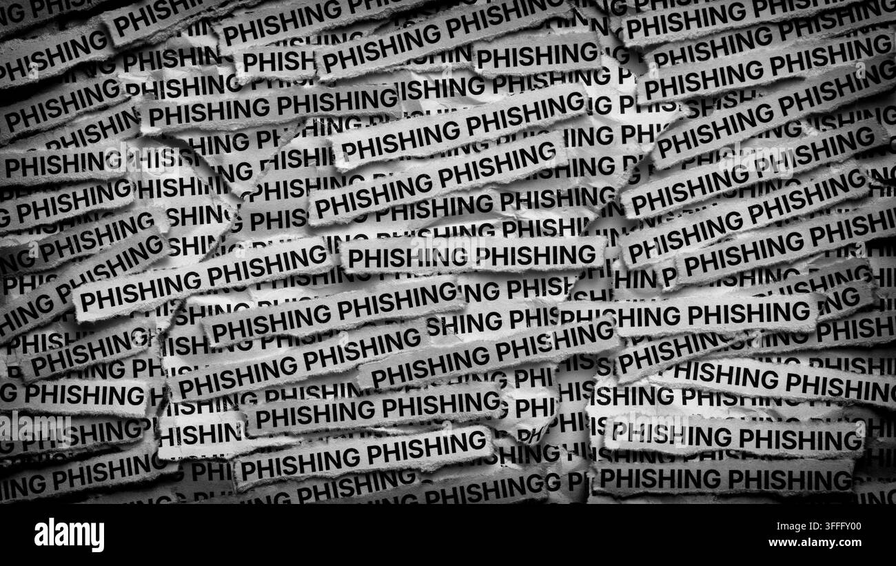 Strisce di giornale con le parole Phishing digitate sopra. Bianco e nero. Primo piano. Foto Stock