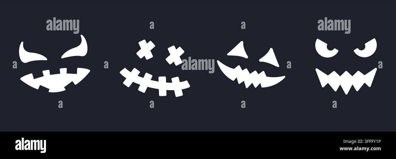 Set di icone solide per facce di zucca di Halloween. Espressioni spaventose, collezione di simboli della silhouette di Jack-O-Lantern. Decorazione festiva, design spaventoso. Isolato Illustrazione Vettoriale