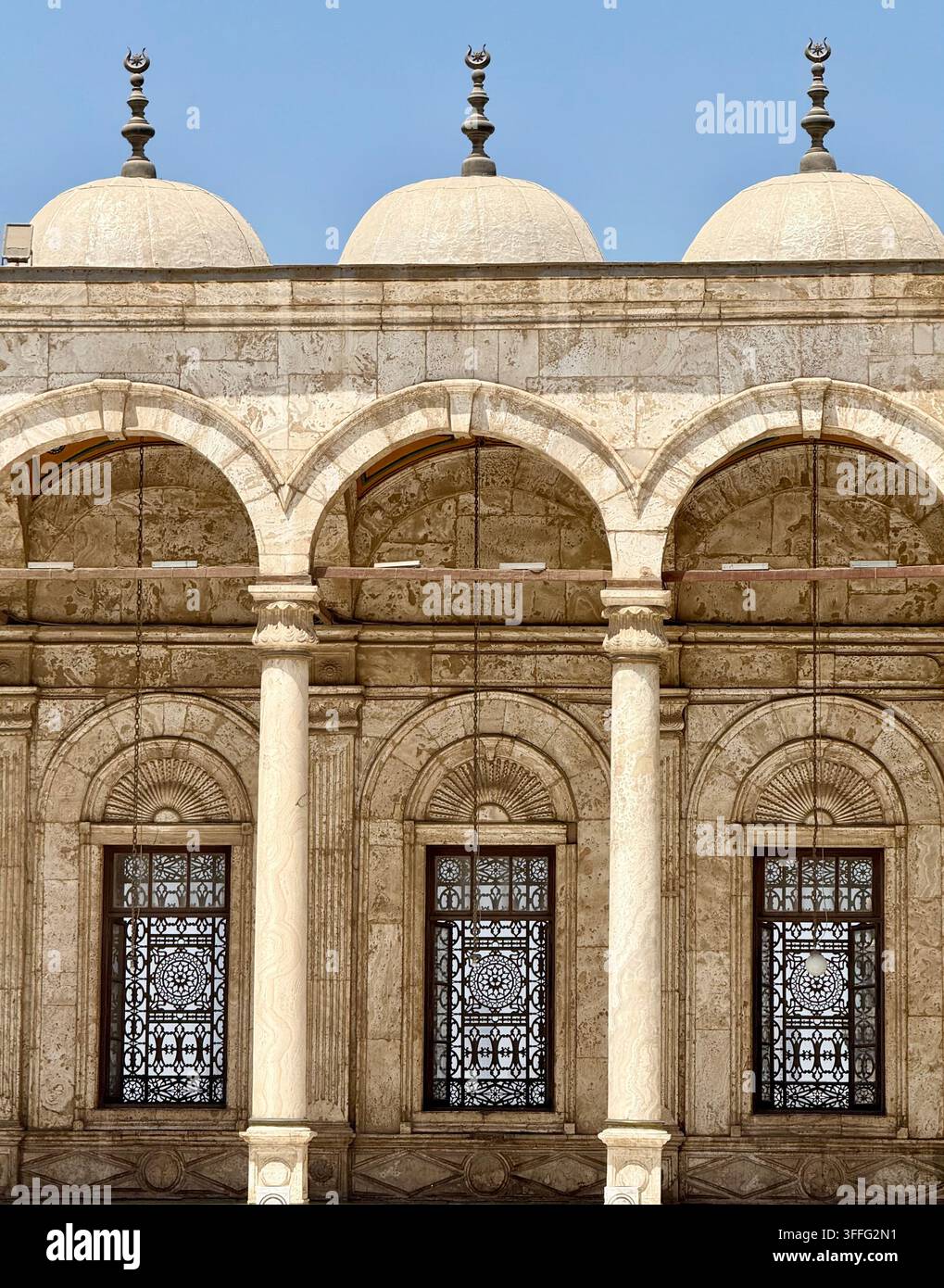 Facciata di edificio storico classico con finestre ad arco, lavorazione decorativa in pietra e cupole in cima. - Immagine stock catturata con smartphone