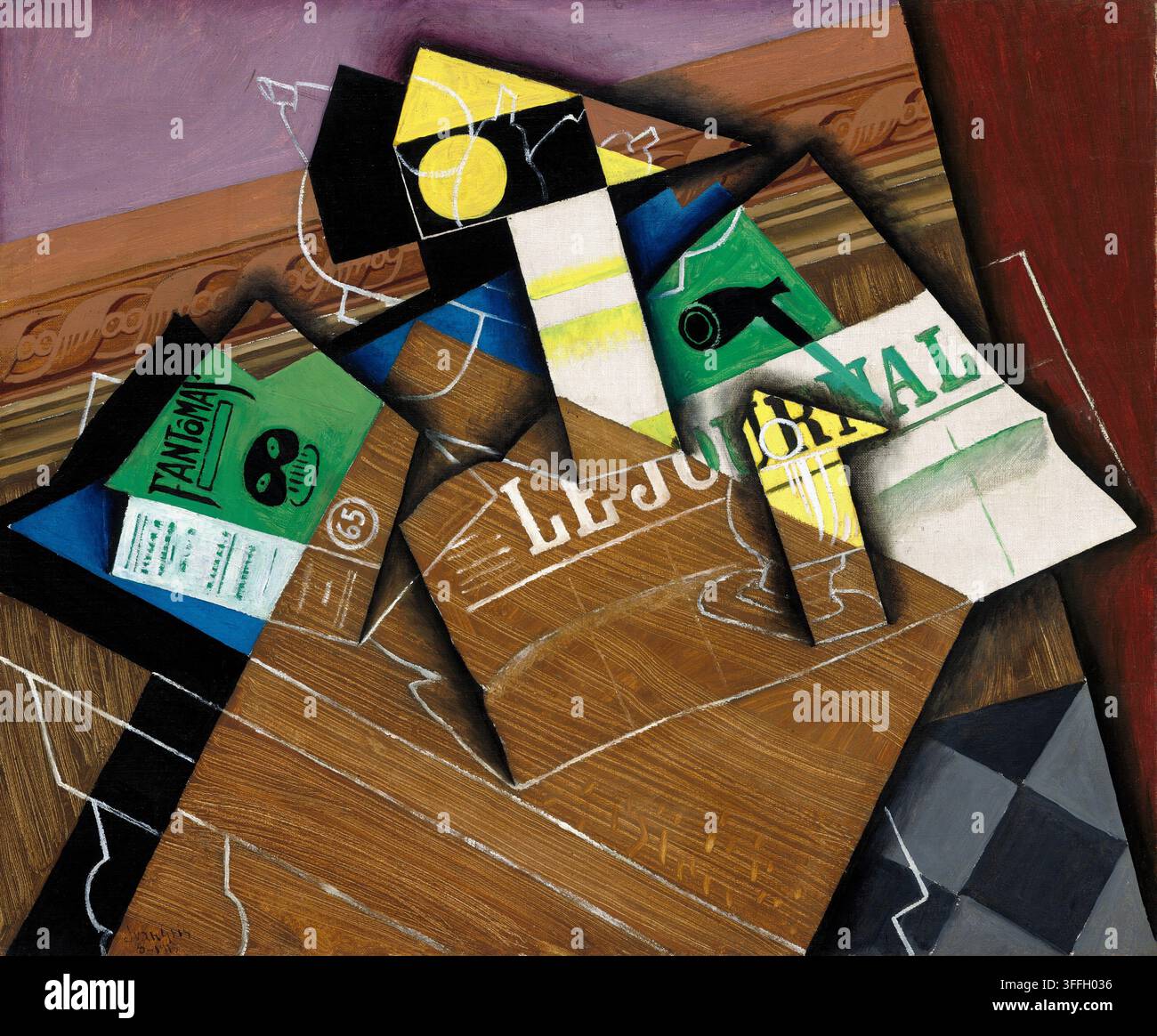 Dipinto storico di Fantômas di Juan Gris, 1915, una composizione cubista di natura morta che raffigura il romanzo criminale francese Fantômas insieme a forme geometriche frammentate, materiali stampati e oggetti disposti su un piano di tavolo. Foto Stock