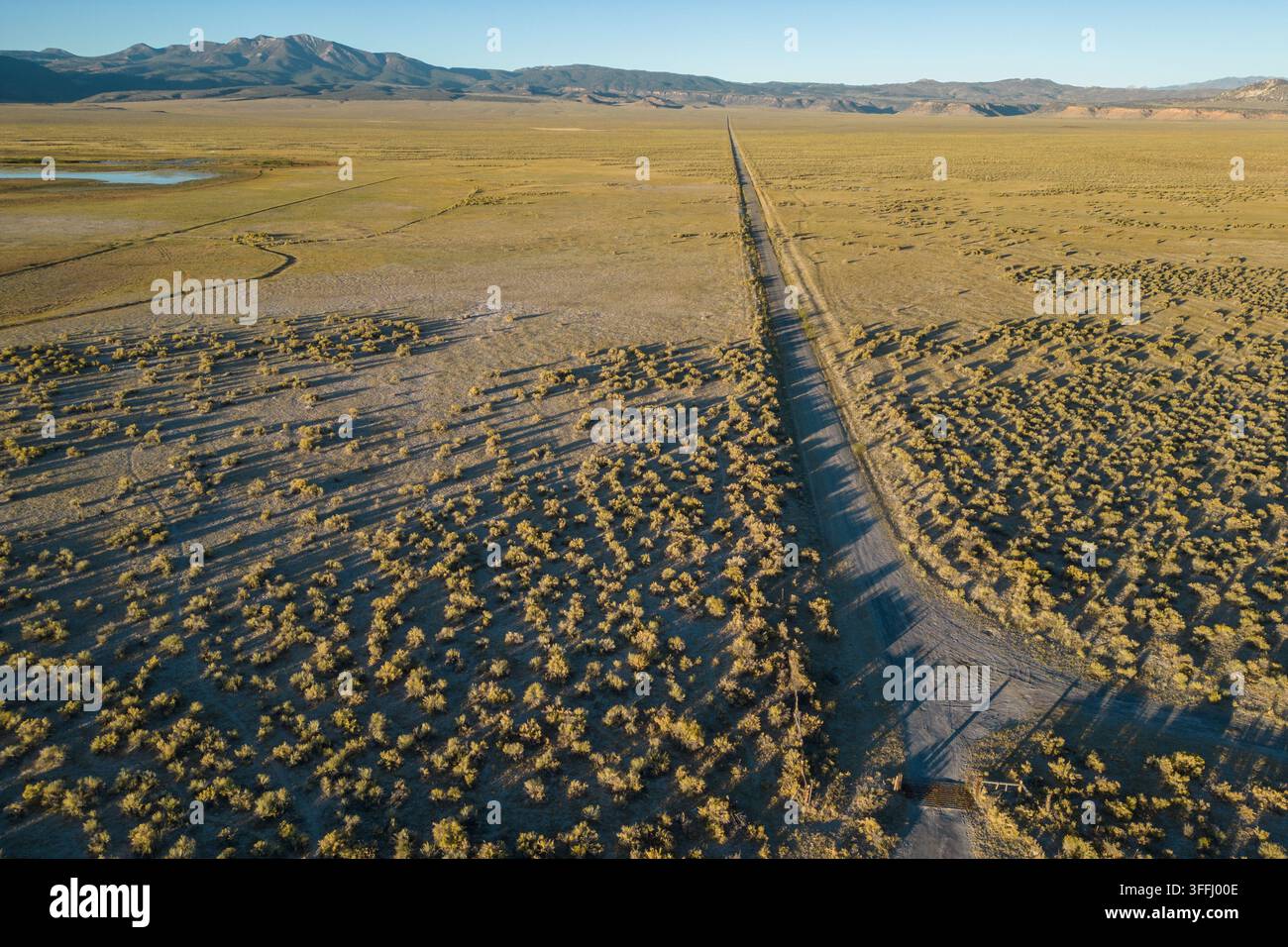 Una strada dritta e non asfaltata si estende in linea retta attraverso il paesaggio desertico del deserto del Great Basin in California, USA. Foto Stock