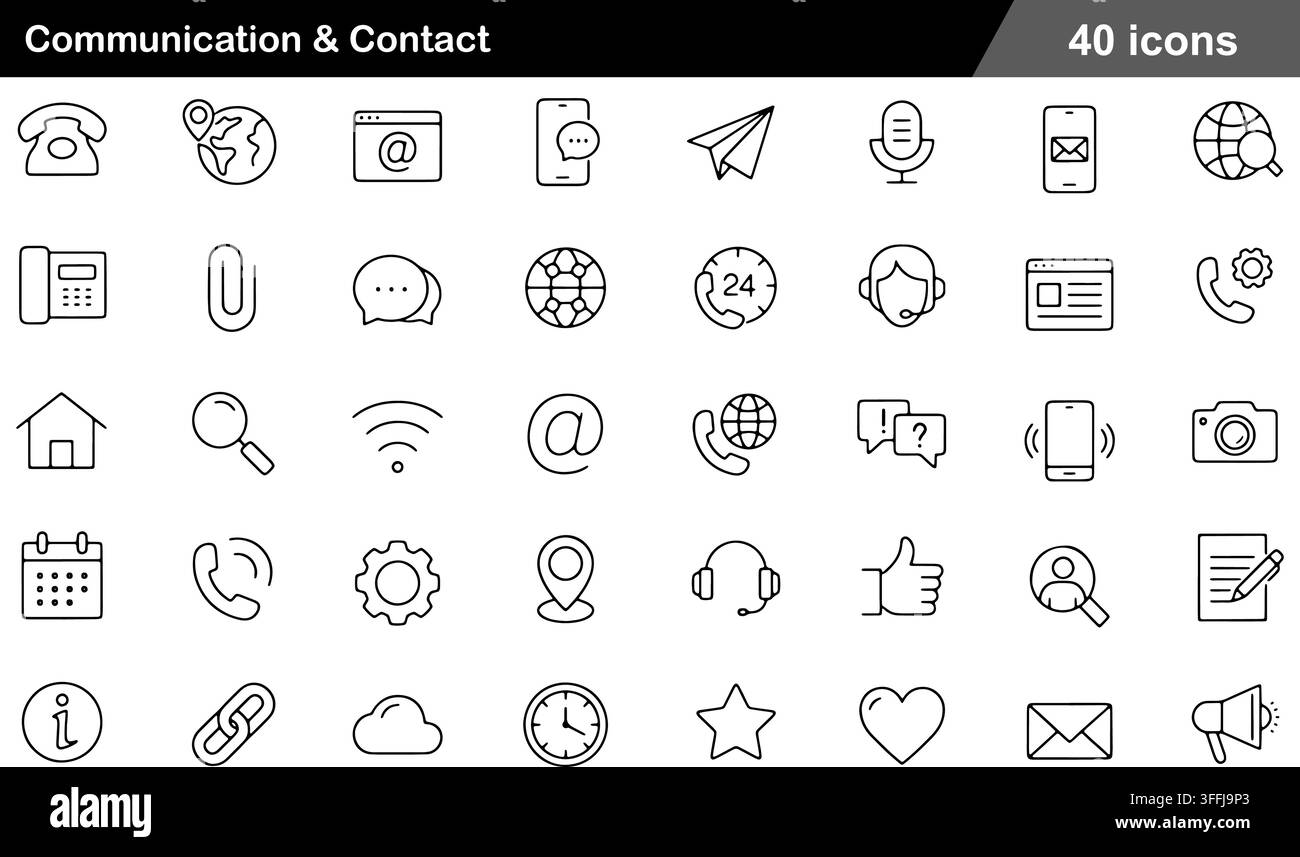 Set di icone di comunicazione e linea di contatto con 40 simboli di contorno tra cui telefono, e-mail, assistenza clienti, palloncino parlante e spilla di localizzazione. Illustrazione Vettoriale
