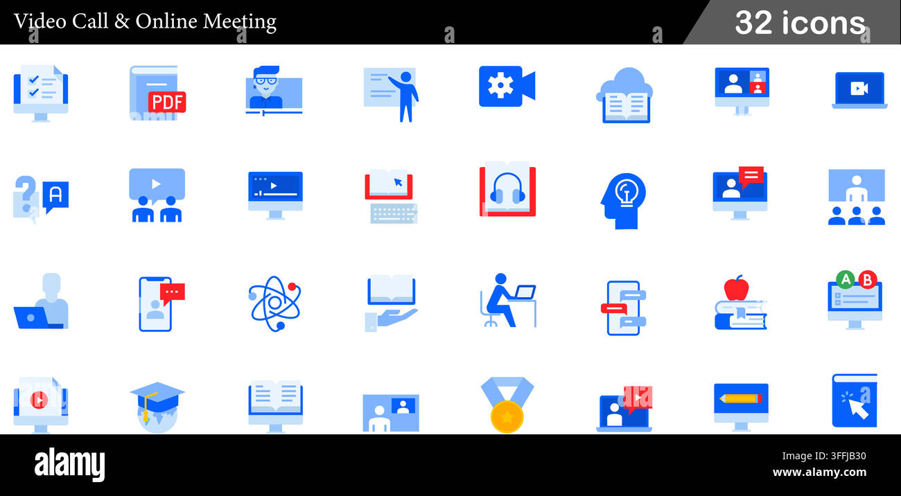 Set di icone vettoriali per videochiamate e riunioni online con 32 simboli piatti e colorati tra cui webcam, videoconferenza, e-learning e webinar. Illustrazione Vettoriale