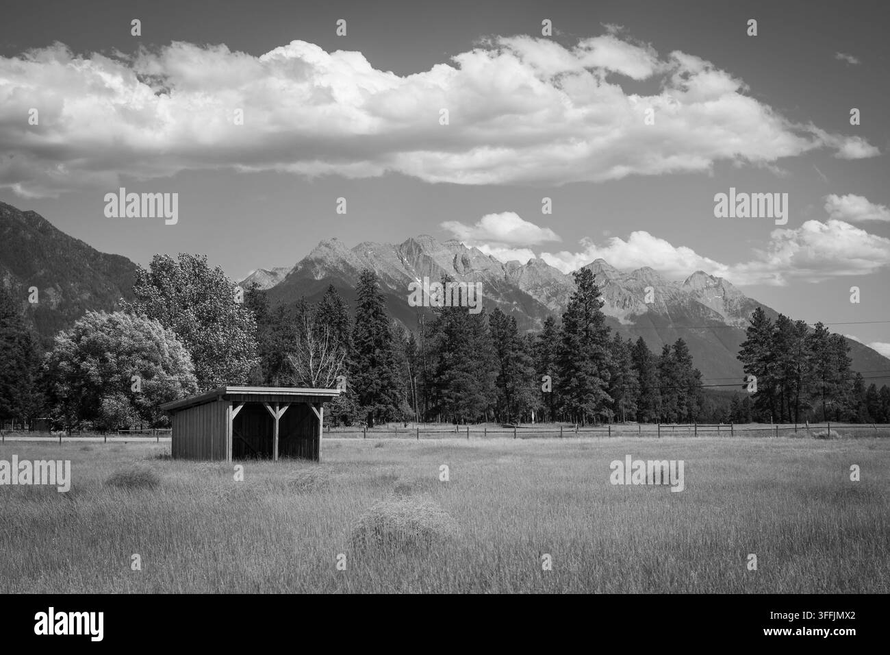Un prato con un rifugio per il bestiame e la catena montuosa The Steeples sullo sfondo. Le Montagne Rocciose, Fort Steele, Regione di Eastern Kootenay Foto Stock