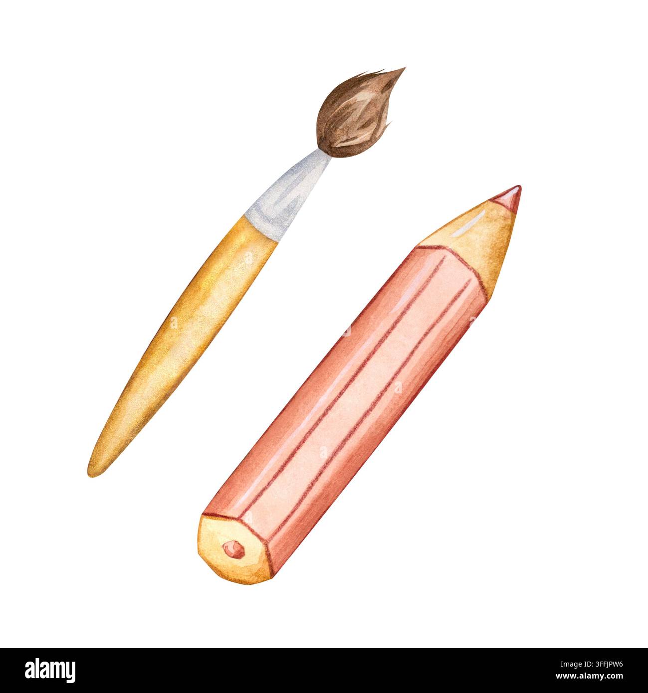 Pennello ad acquerello e matita carini. Accessori scolastici stilizzati. Cancelleria disegnata a mano. Forniture per il disegno in stile cartone animato. Elementi di design pastello isolati Foto Stock