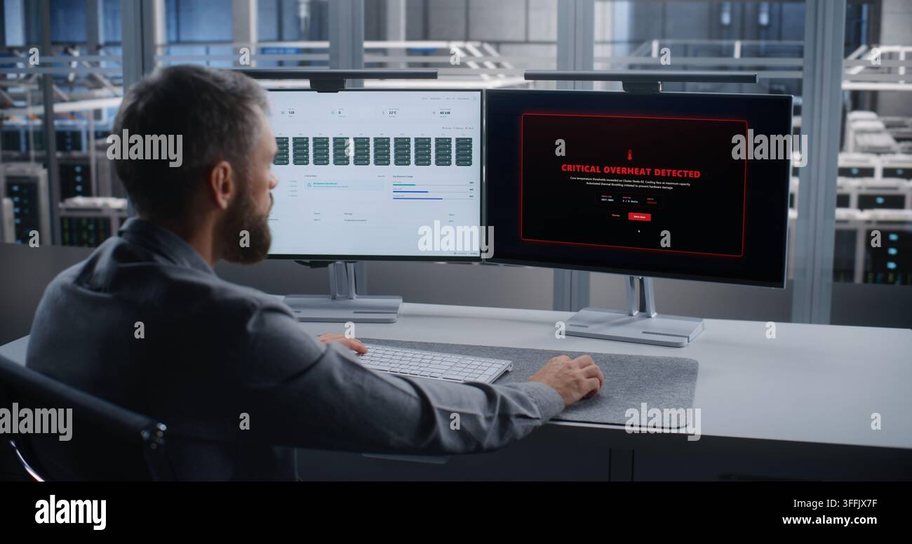 Specialista IT monitora l'infrastruttura dei server su due schermi dopo un allarme critico di surriscaldamento, risolve i problemi dei sistemi del data center per prevenire danni ai dispositivi, tempi di inattività e interruzioni del servizio. Foto Stock