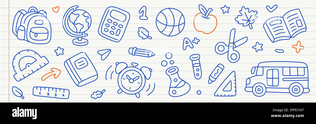 Set di icone lineari Ritorno a scuola. Zaino, globo, calcolatrice, libri, matita, righello, scienza, autobus illustrazione vettoriale di doodle lineare. Elementi educativi su Illustrazione Vettoriale