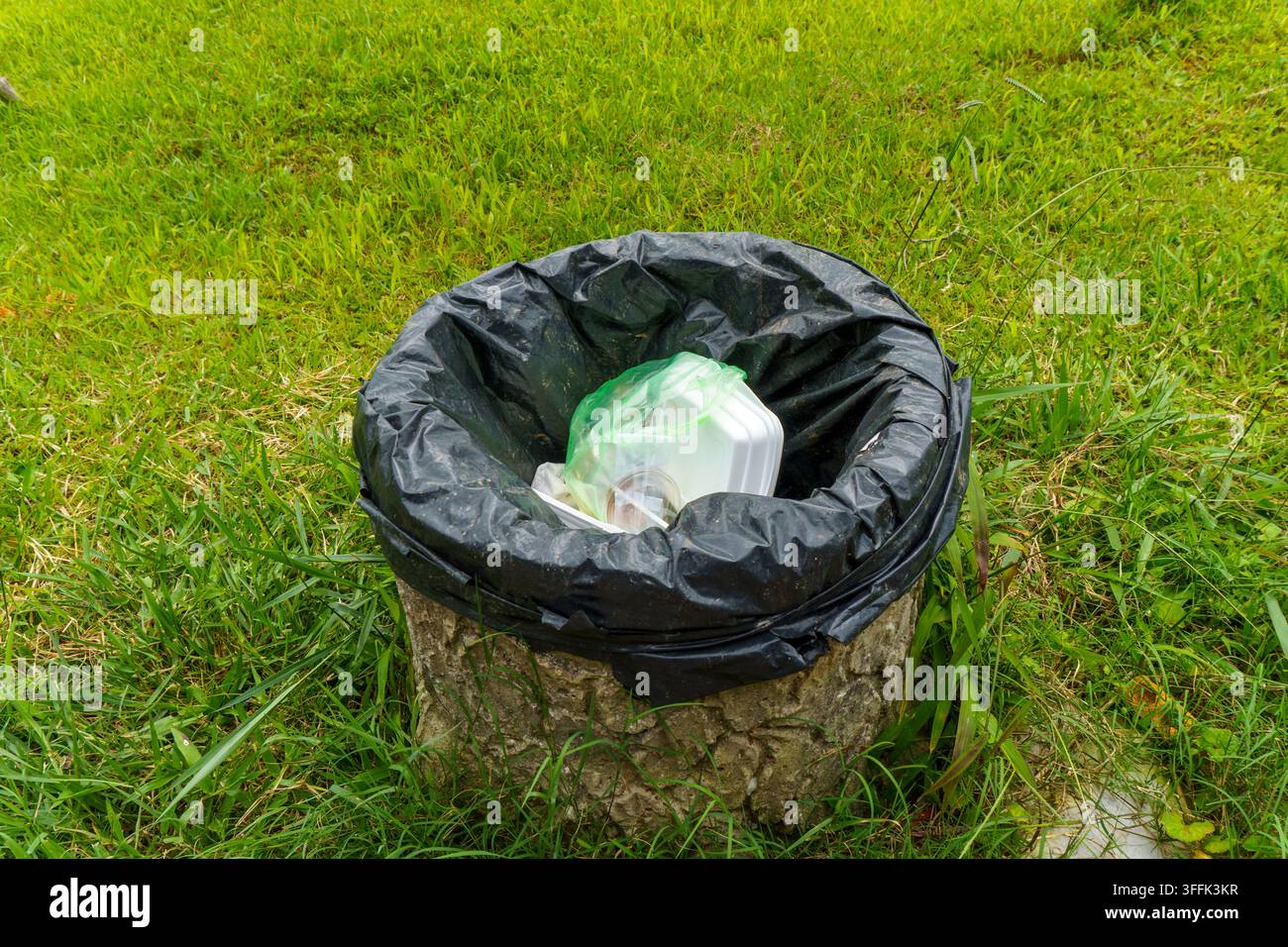 Cestino per rifiuti all'aperto pieno di oggetti monouso nell'erba. Foto Stock