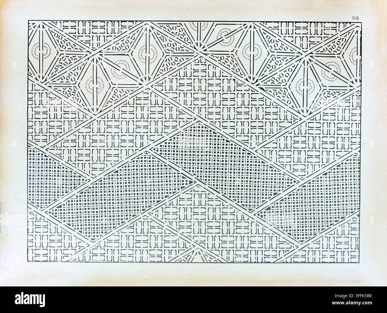 L'arte del Giappone. Modello industriale giapponese. Disposizioni geometriche. 1889 Questo design meticolosamente strutturato esemplifica la maestria giapponese nell'astrazione geometrica, una caratteristica comune nelle arti industriali e tessili dei periodi Edo e Meiji. Composto da motivi lineari interconnessi e sezioni a mosaico, il modello dimostra sia raffinatezza estetica che applicabilità pratica – ideale per lavori a stencil, decorazioni in lacca o motivi per tessuti (come katazome o komon). La composizione è strutturata in bande disposte diagonalmente, ciascuna riempita con motivi ripetitivi distinti: strettamente distanziati Foto Stock