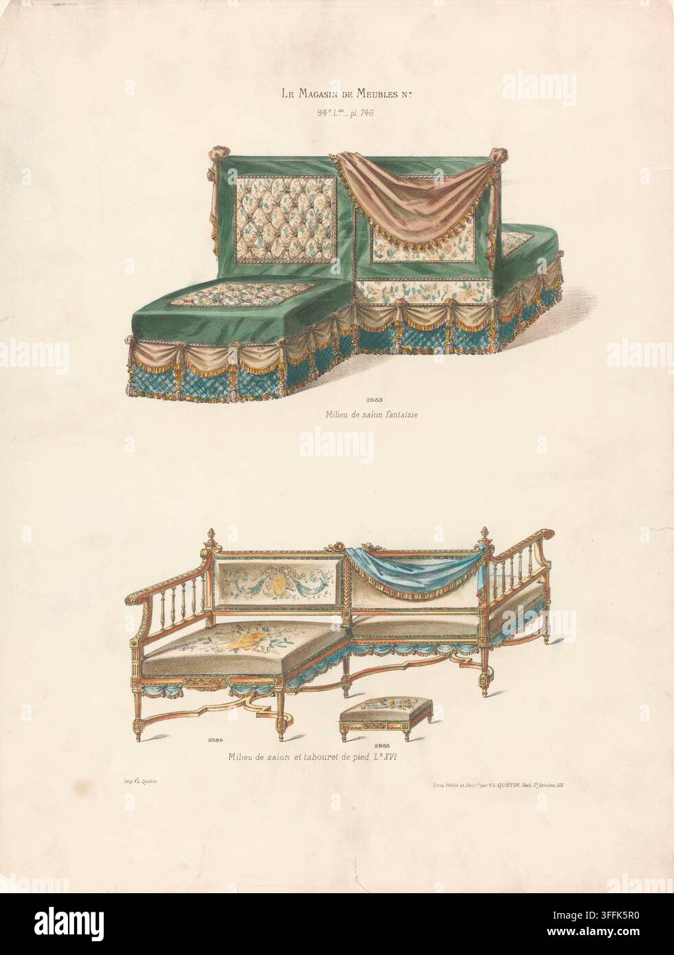 Due disegni per centrotavola da salotto (milieu de salon): un opulento divano ad angolo imbottito con tessuto verde trapuntato, pannelli floreali e drappi a festoni (milieu de salon fantaisie) sopra, e un divano da salotto revival Luigi XVI in legno intagliato con un poggiapiedi imbottito corrispondente (milieu de salon et tabouret de pied Louis XVI) sotto. Tavola 748 de Le Magasin de Meubles, disegnata e pubblicata da Victor-Louis Quétin, Parigi, XIX secolo. Foto Stock
