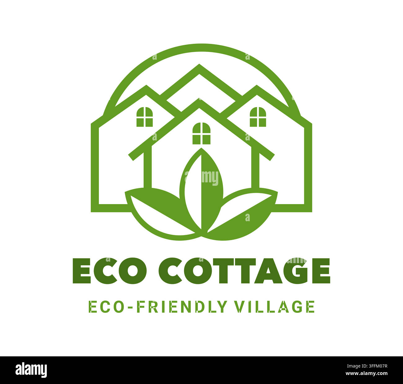 Icona di cottage eco con case verdi e germoglio di foglia. Emblema astratto con case stilizzate, finestre ad arco e pianta verde per immobili eco-compatibili Illustrazione Vettoriale