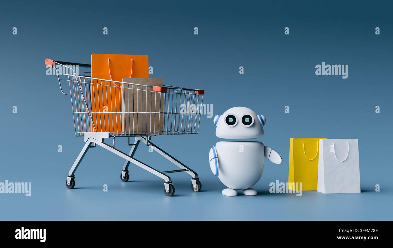 Robot di shopping AI con carrello e borse della spesa. Render 3D Foto Stock