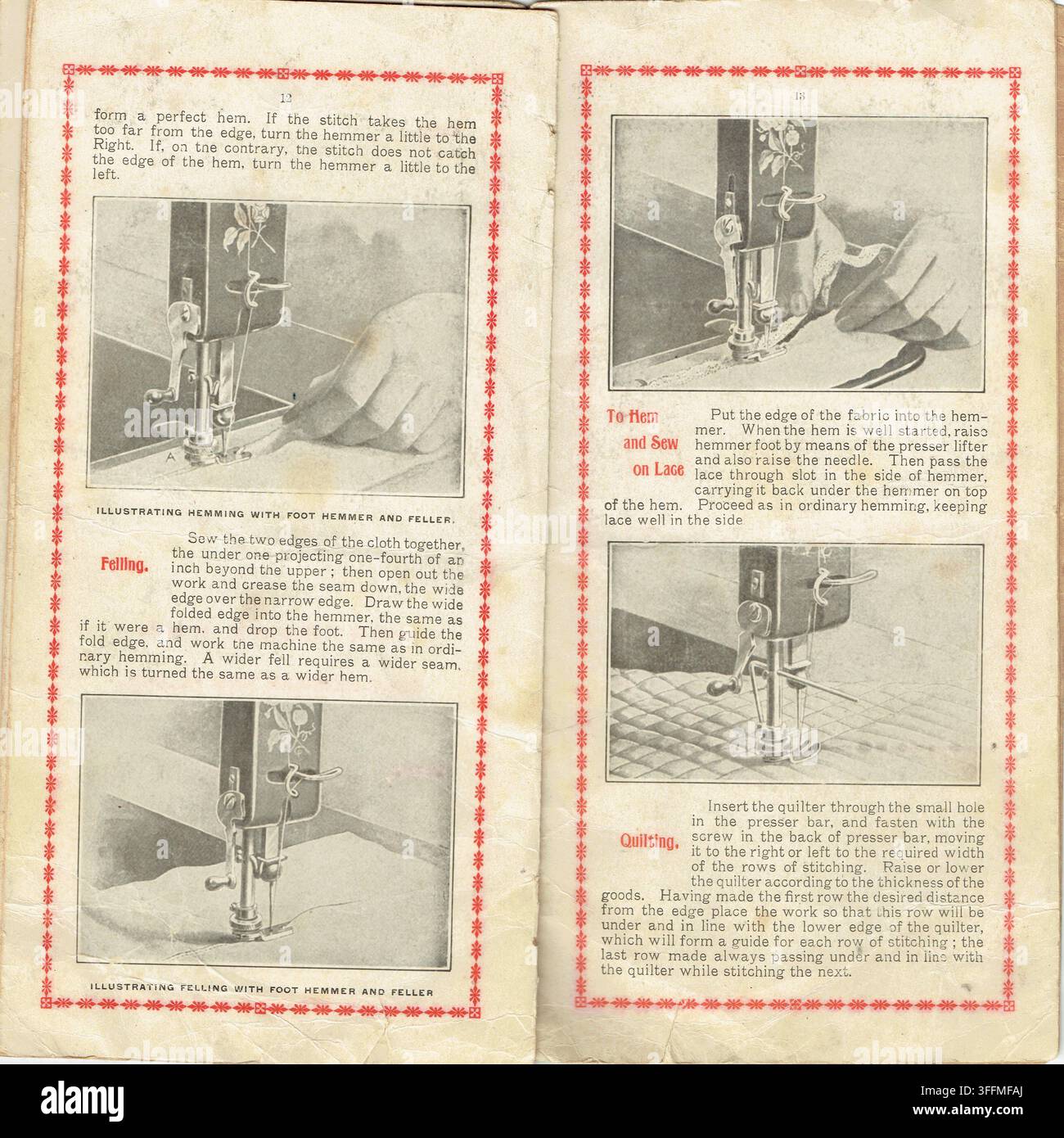 Nuova macchina da cucire domestica, macchina da cucire a pedale, manuale di istruzioni interno, pagina 12, pagina 13, diffusione a doppia pagina, istruzioni per il trapuntatura, guida al taglio Foto Stock