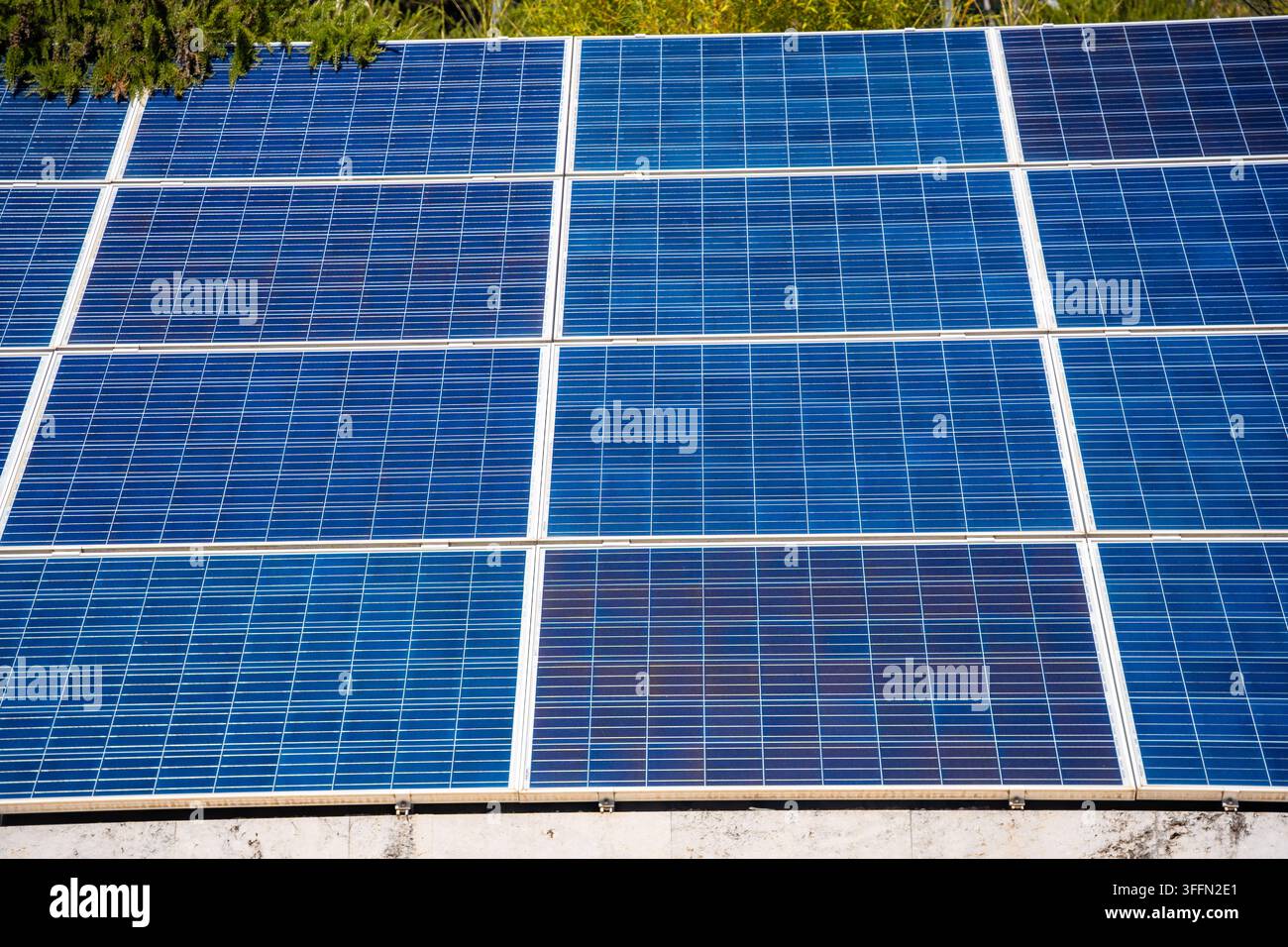 Pannelli solari installati su un tetto, che mostrano celle fotovoltaiche blu sotto la luce intensa del sole con vegetazione sullo sfondo, Croazia Foto Stock