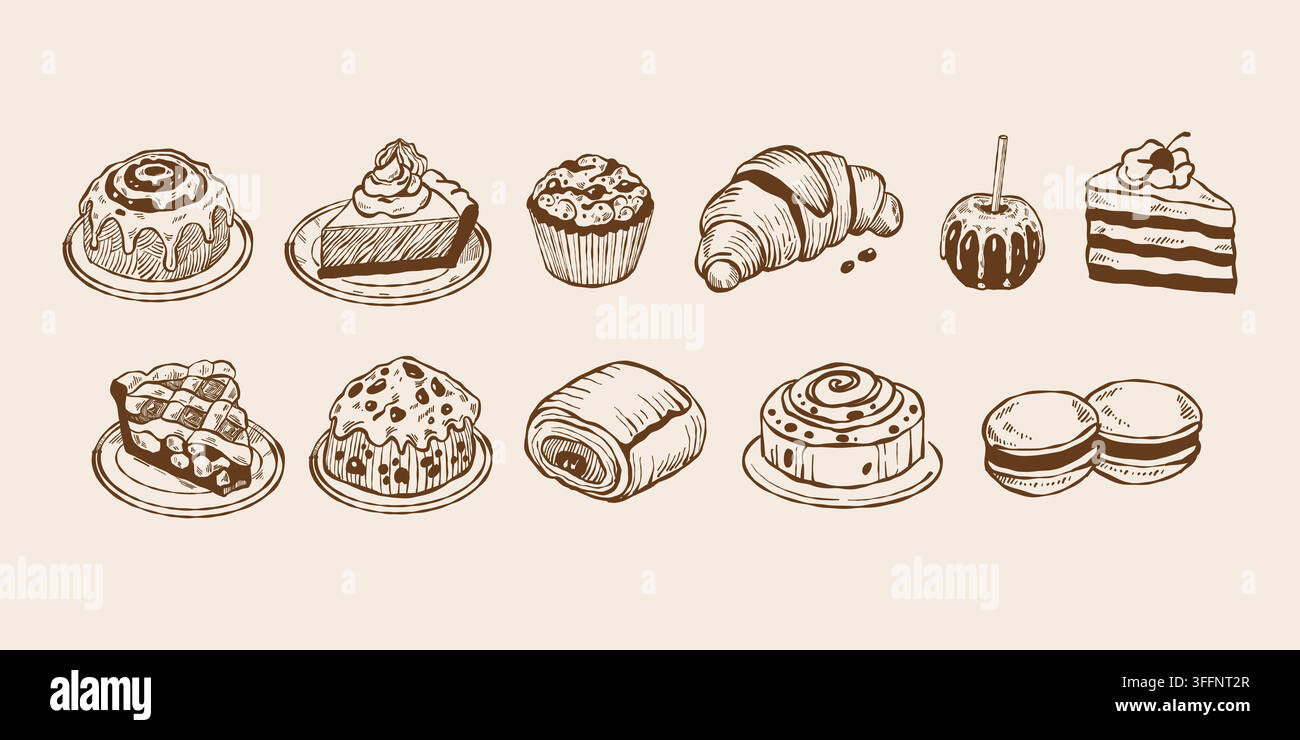 Un insieme di dolci e prodotti da forno vettoriali isolati. Schizzi vintage disegnati a mano di biscotti, panini, torte, dolci e pasticcerie. Illustrazione Vettoriale