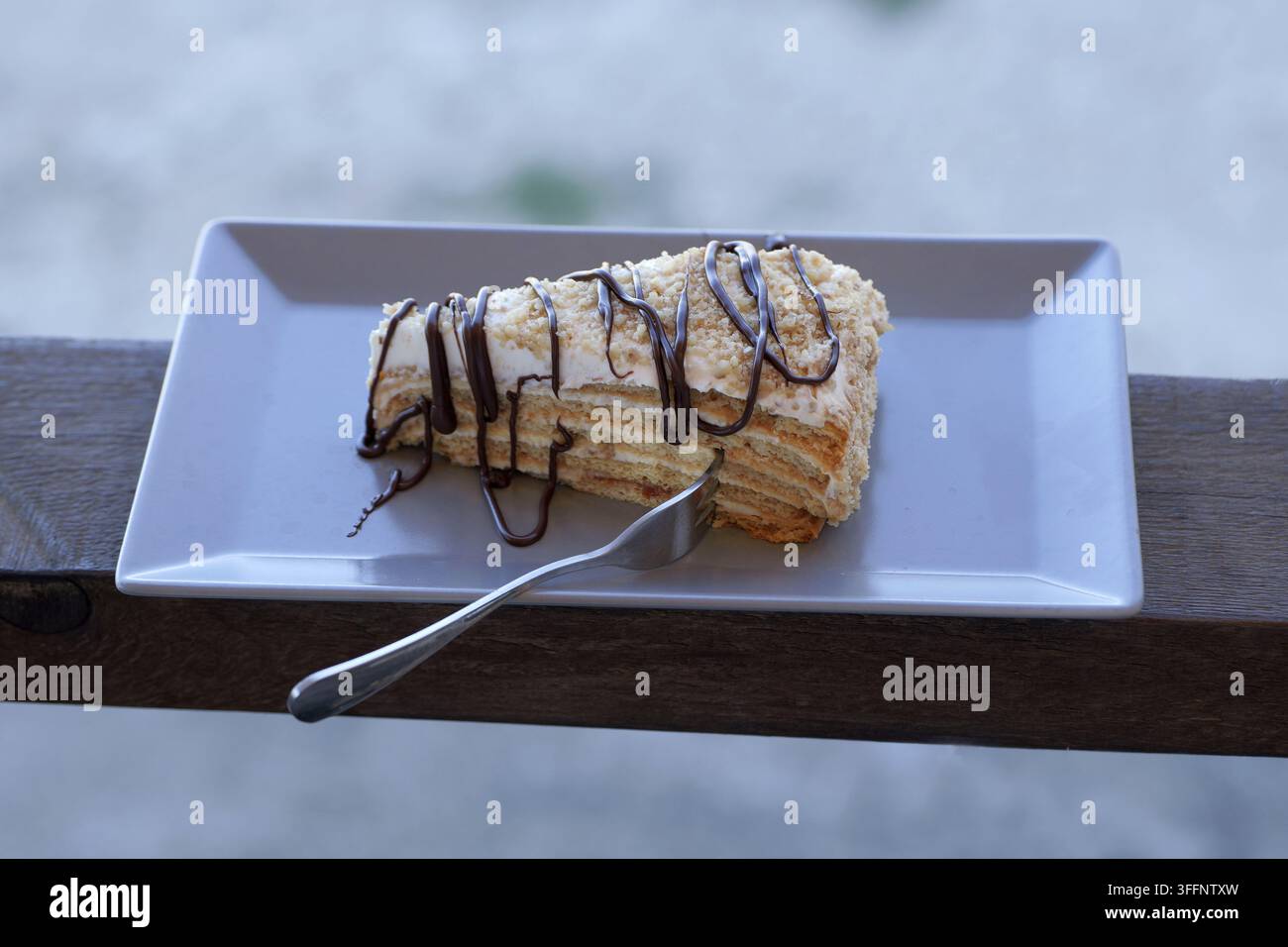 Deliziosa fetta di torta multicrema, generosamente ricoperta di sciroppo di cioccolato e noci friabili, posa su un piatto bianco rettangolare con una forchetta, pronta Foto Stock