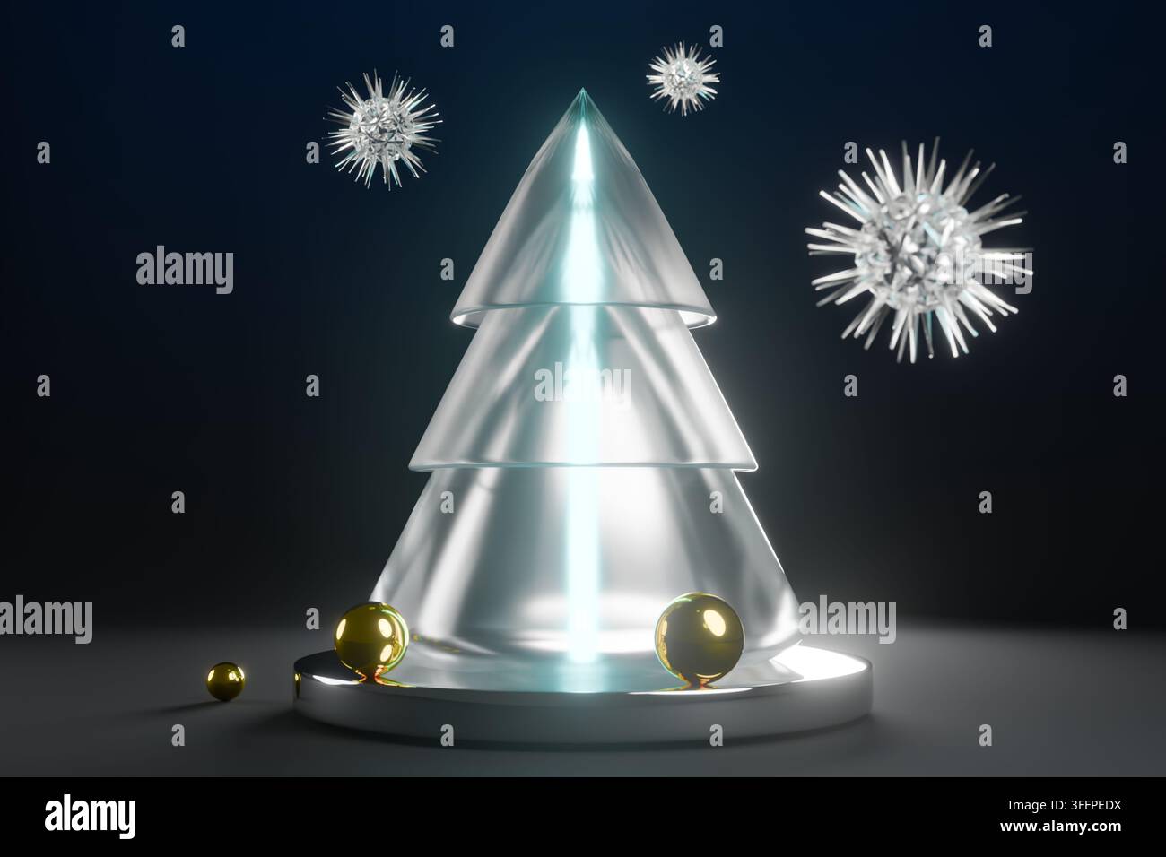 Banner natalizio 3D con albero di vetro ghiacciato e stelle di cristallo. Modello per le feste del Capodanno tecnologico con luce neon brillante, sfere metalliche e spazio per il testo Foto Stock