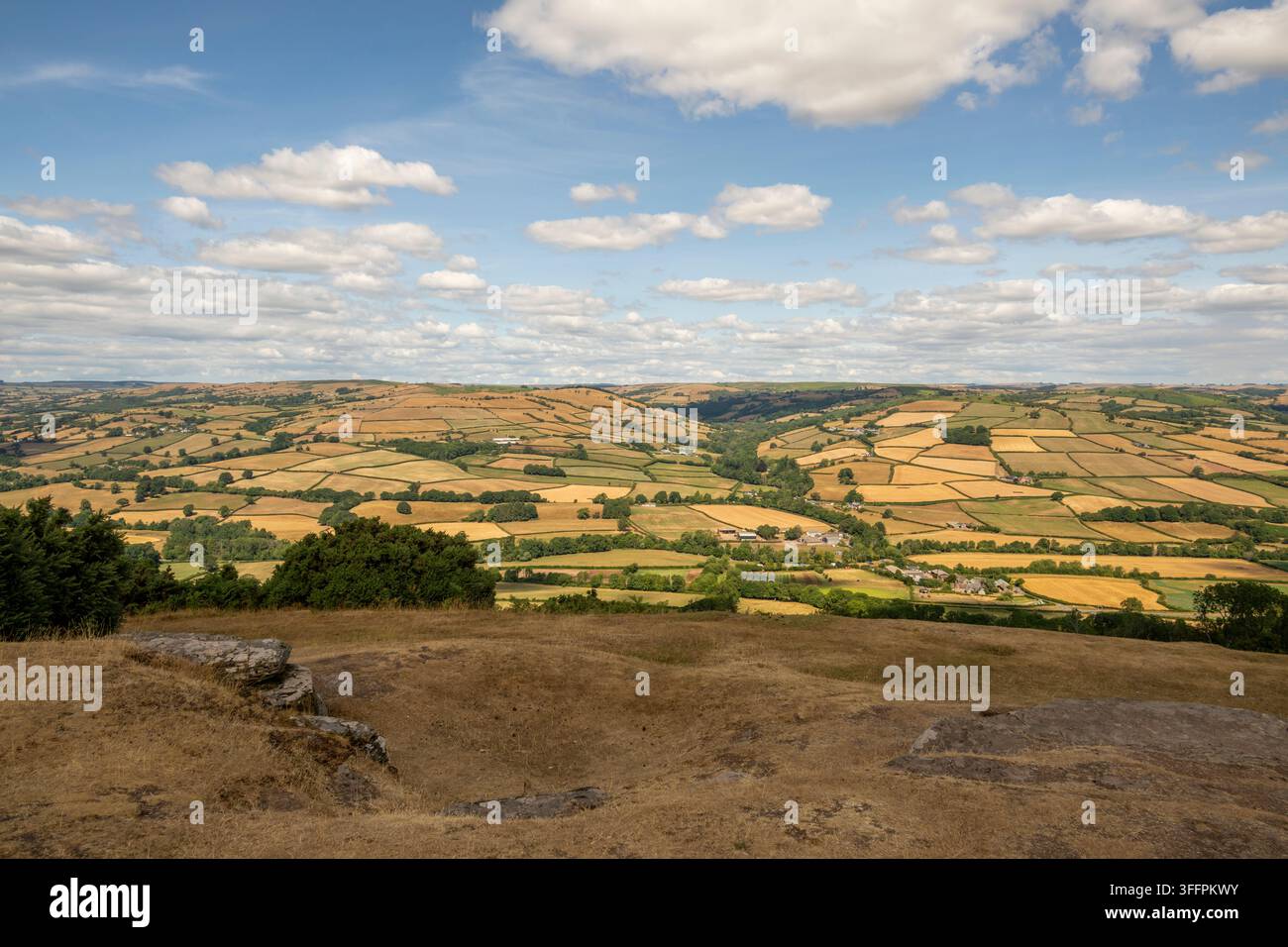 Vista ampia di campi agricoli divisi da siepi e alberi, con un villaggio incastonato nella valle sottostante e nuvole soffici che punteggiano il cielo Foto Stock