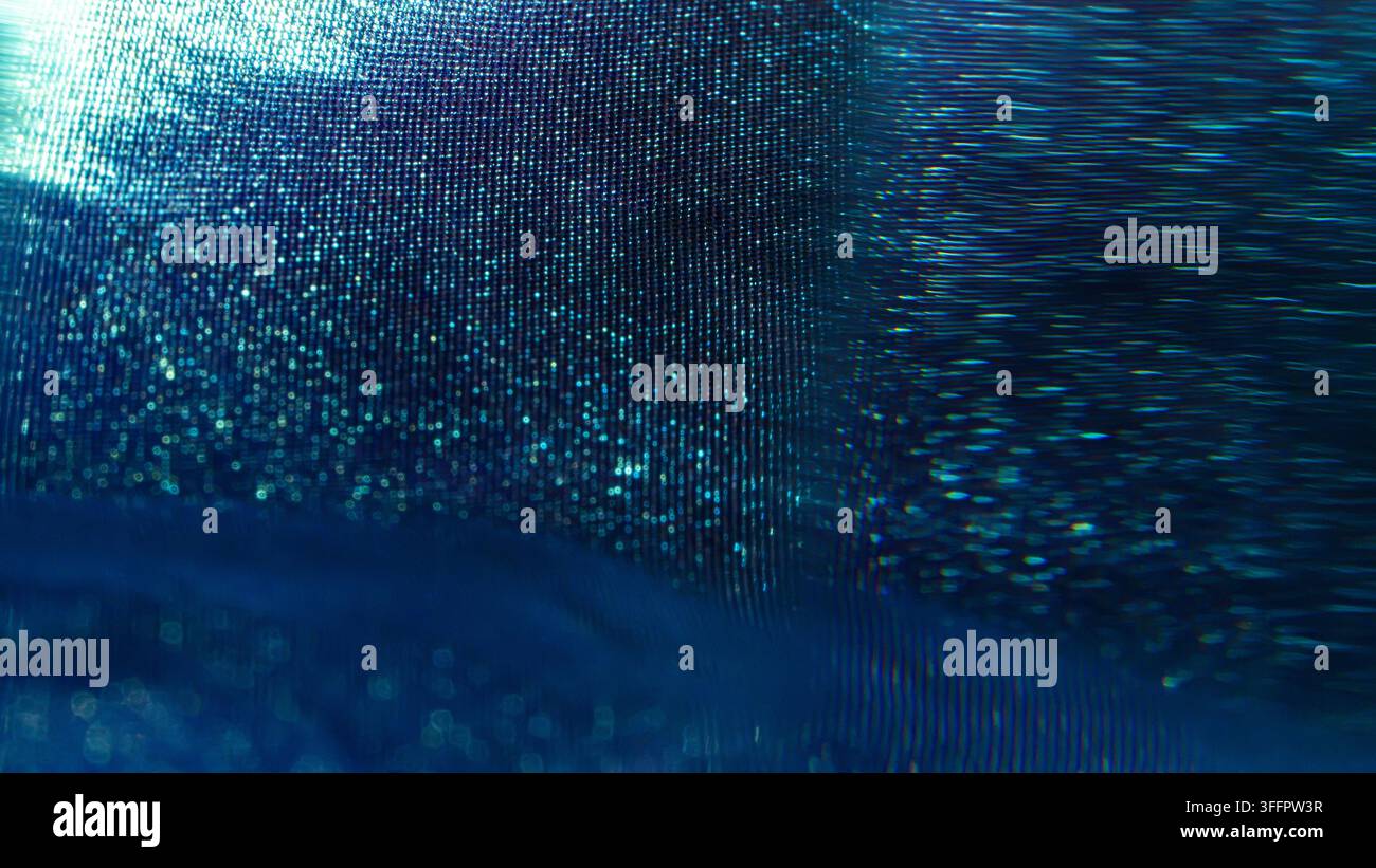 Un'onda astratta di particelle blu digitali crea uno sfondo futuristico luminoso con punti fluenti, una trama simile a una griglia e delicati riflessi ciano, ideale per Foto Stock