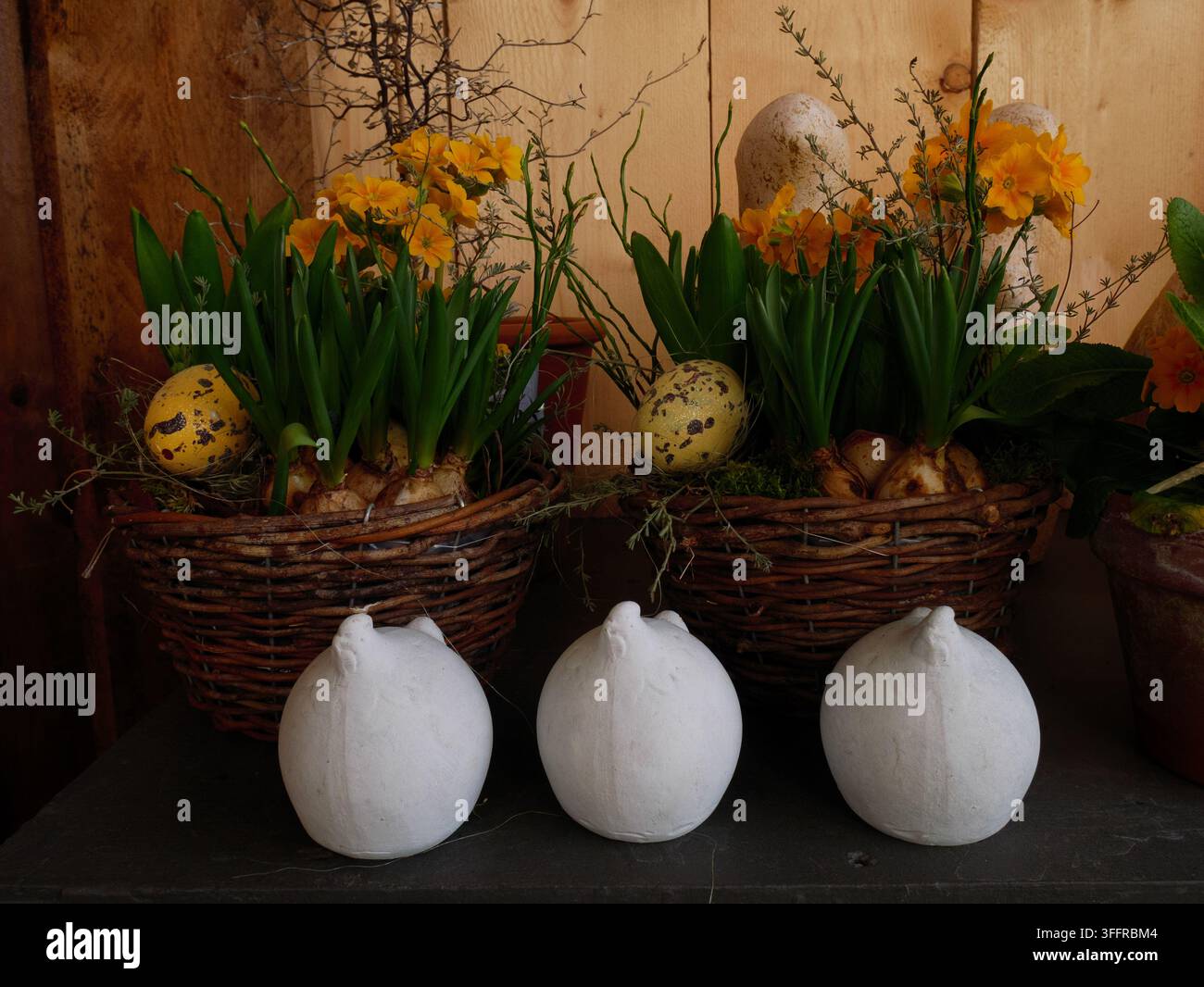 Composizioni floreali con fiori gialli e uova decorative in cesti su un tavolo di legno Foto Stock