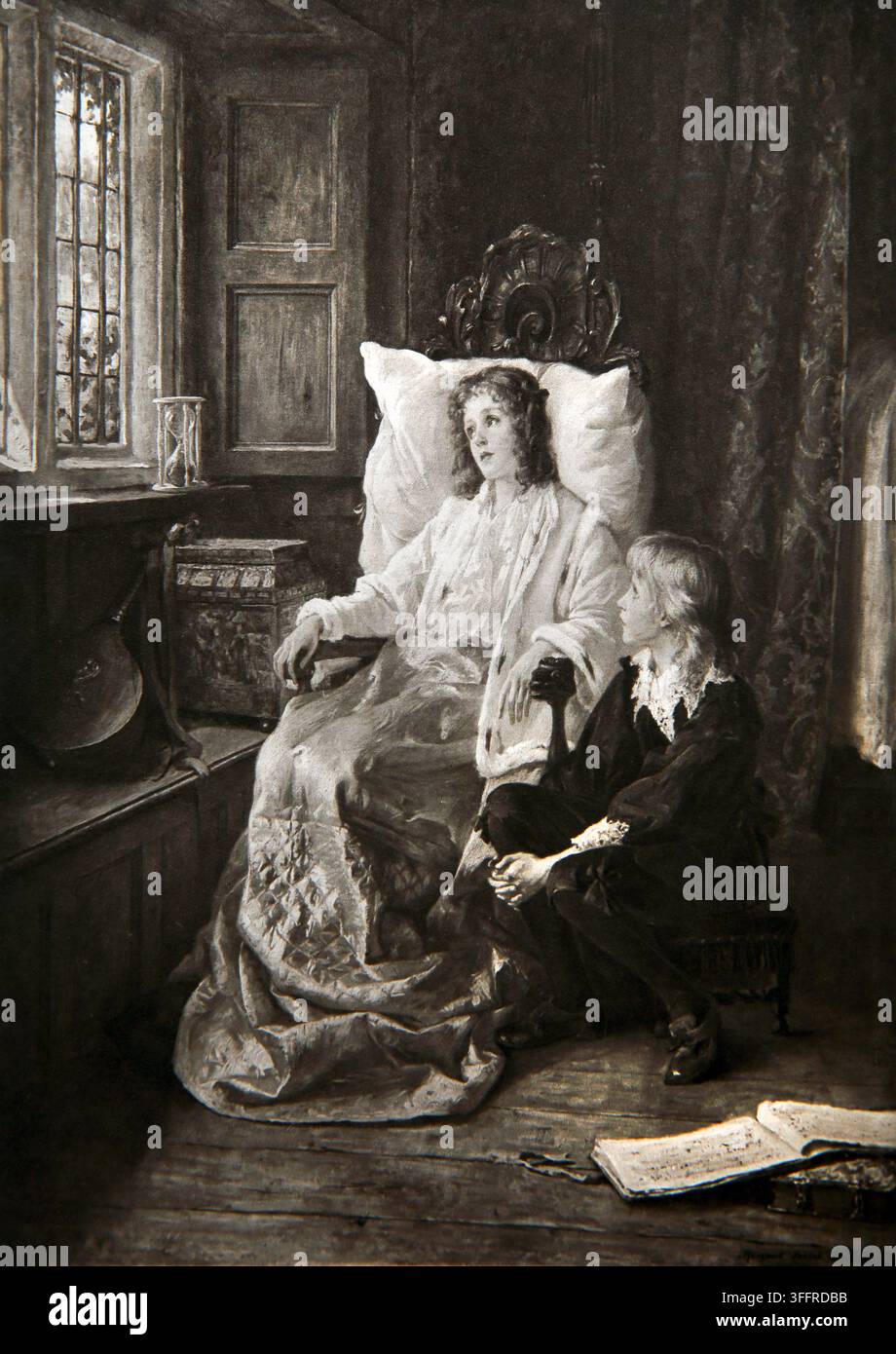 Una riproduzione seppia del dipinto "I figli di Carlo I" di Margaret Isabel Dicksee che raffigura la principessa Elizabeth e il principe Henry durante il loro Foto Stock