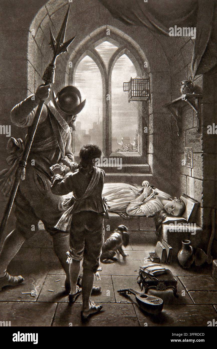 Illustrazione della morte della principessa Elizabeth l'8 settembre 1650, figlia di Carlo I, con la sua testa appoggiata sulla Bibbia che suo padre le aveva donato Foto Stock