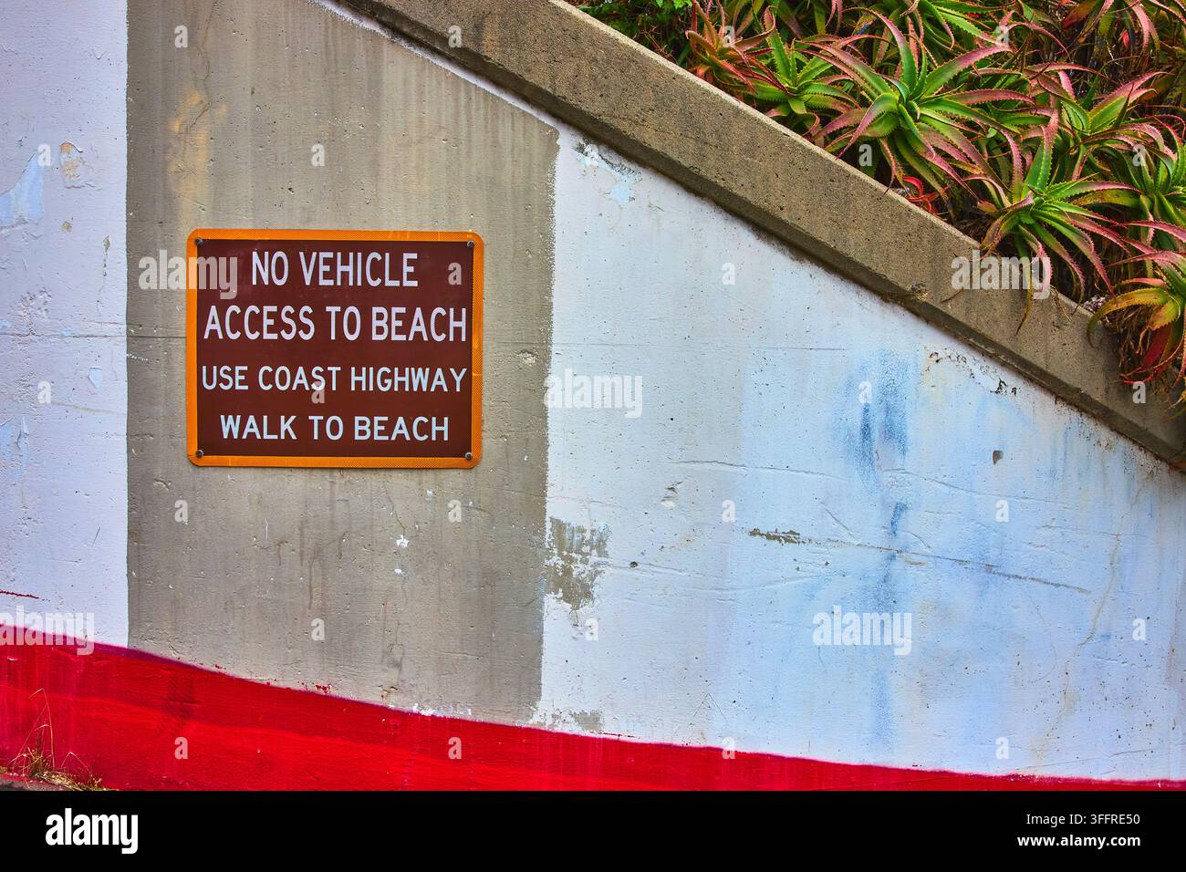 Segnale "Accesso veicolare vietato alla spiaggia" su muro di cemento con succulente a Laguna Beach, California Foto Stock
