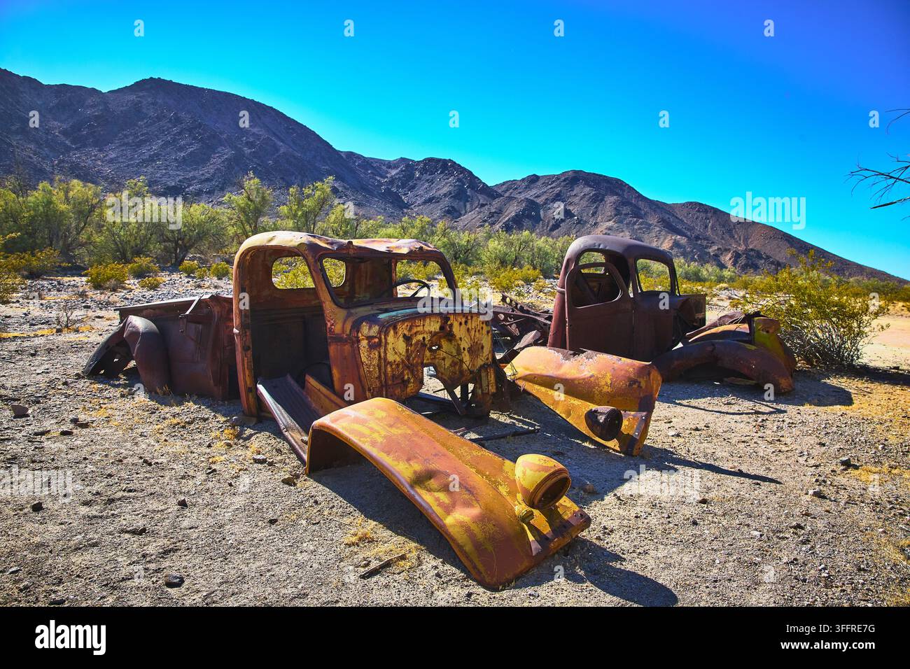 Gruppo di studenti veicoli arrugginiti nel paesaggio desertico del Mojave vicino a Zzyzx, California, ospiti del Desert Study Center Foto Stock