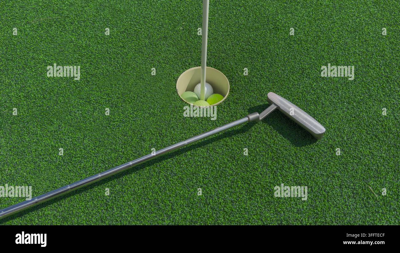 Club putter in metallo argentato giace su un tappeto erboso artificiale verde vibrante accanto a un buco riempito di palline da golf. Concetto di mini golf, svago ricreativo Foto Stock