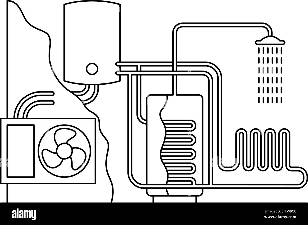 Schema di pompa di calore aerea - modo molto efficiente per riscaldare e raffreddare gli edifici, diagramma a linea sottile Illustrazione Vettoriale