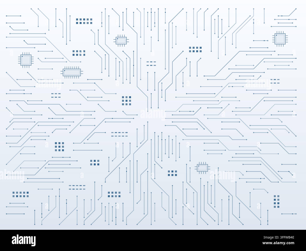 Sfondo tecnologico blu chiaro con circuito stampato. Illustrazione vettoriale modificabile con tracce di segnale angolari, componenti elettronici e connessioni fini senza Illustrazione Vettoriale