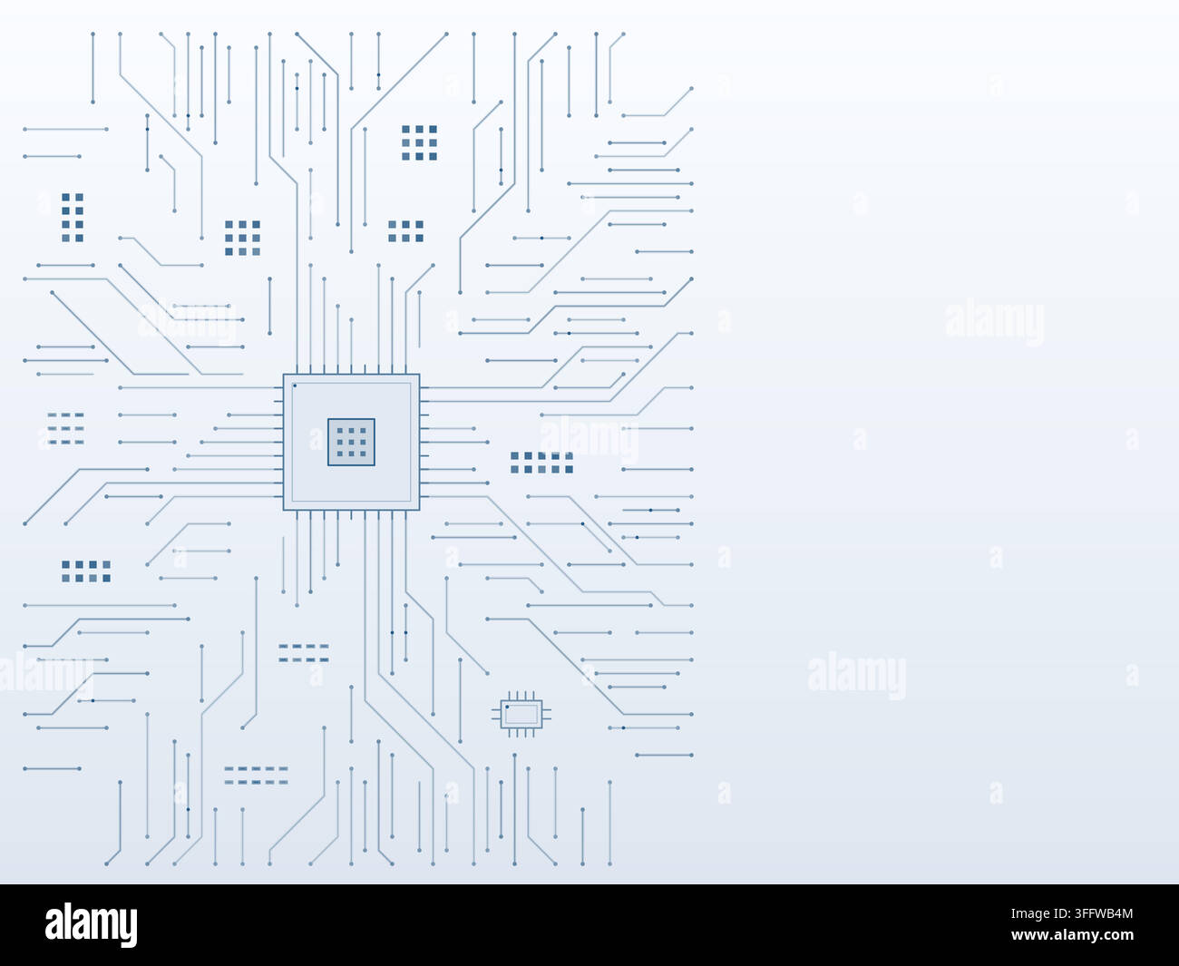 Sfondo tecnologico di hub processore blu chiaro con spazio libero a destra. Illustrazione vettoriale modificabile con tracce di segnale angolari, componenti elettronici, Illustrazione Vettoriale