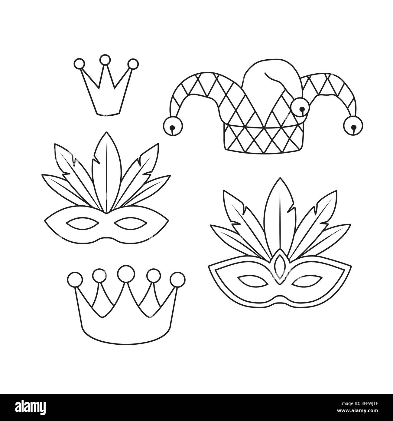 Set di accessori carnivaleschi in arte lineare nera con maschere da maschera piumate, cappello da giullare a quadri con campanelli e corone dorate isolate su bianco Illustrazione Vettoriale