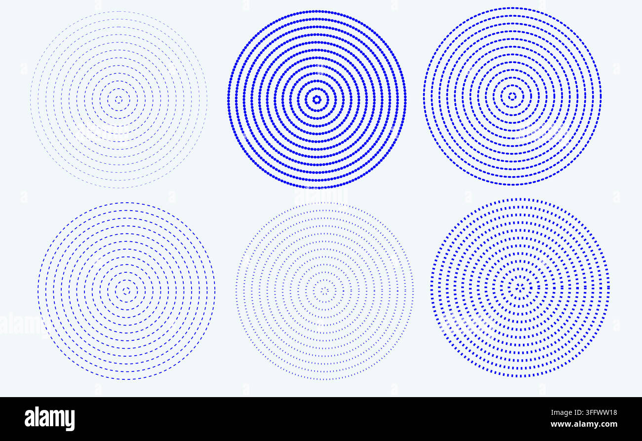 Collezione di anelli sonar o onde sonore, set di cerchi concentrici neri, elementi di segnale radiale o vibrazione a onde. Epicentro puntato e lineare, bersaglio, ruota Illustrazione Vettoriale