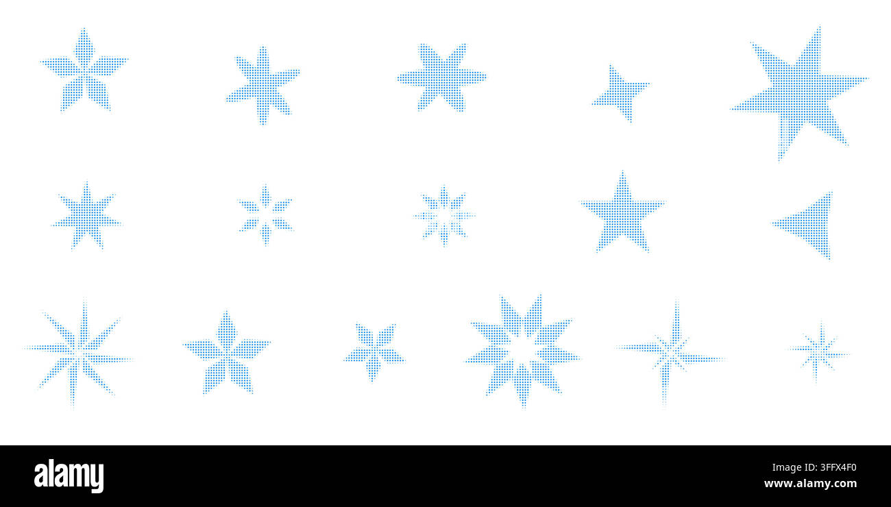 Set icona fiocco di neve blu effetto punto mezza tonalità. Motivo fiocco di neve. Forma di grana a stella, scintilla. Rumore forma radiale. Illustrazione vettoriale granulosa moderna vincente Illustrazione Vettoriale