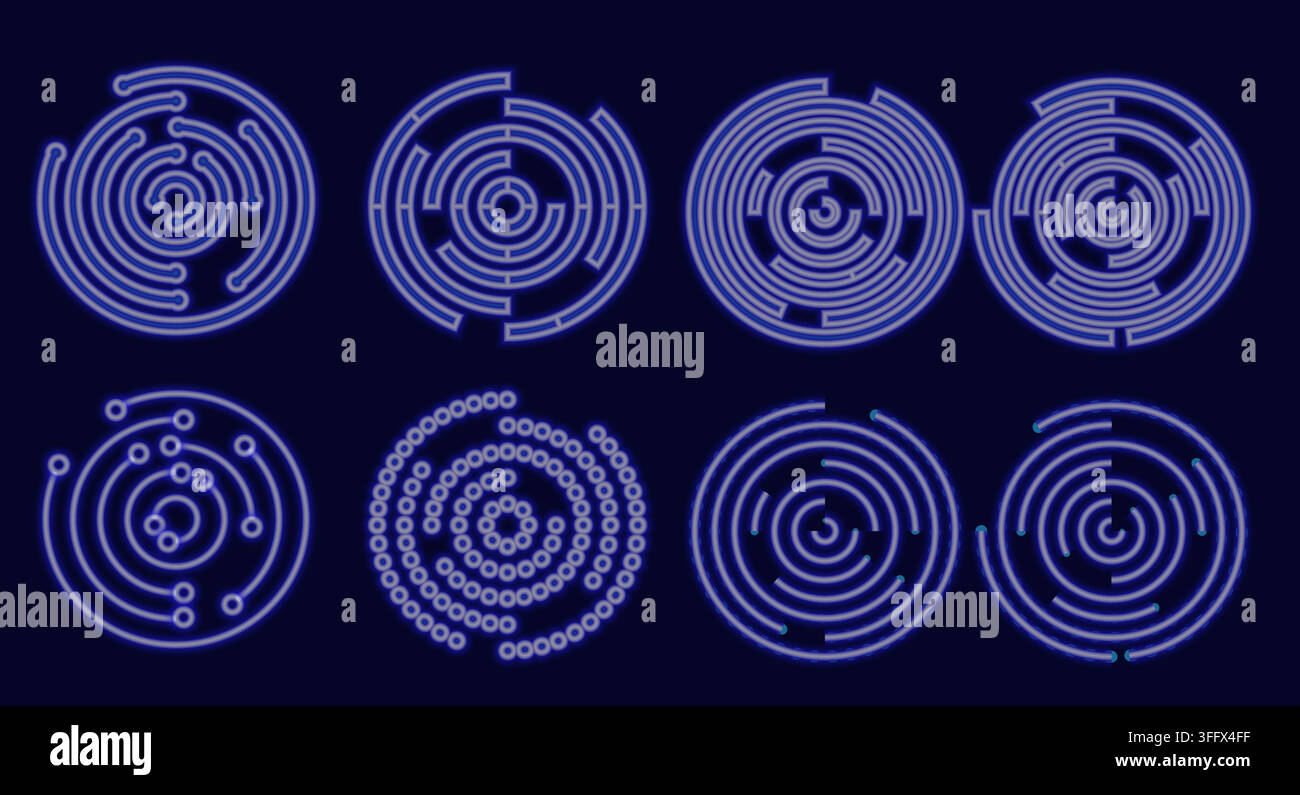 Set di cerchi concentrici al neon blu. Linee vettoriali e simboli mezzotono. Raccolta di anelli sonar o onde sonore. Elementi di segnale radiale a increspatura o vibrazione. D Illustrazione Vettoriale