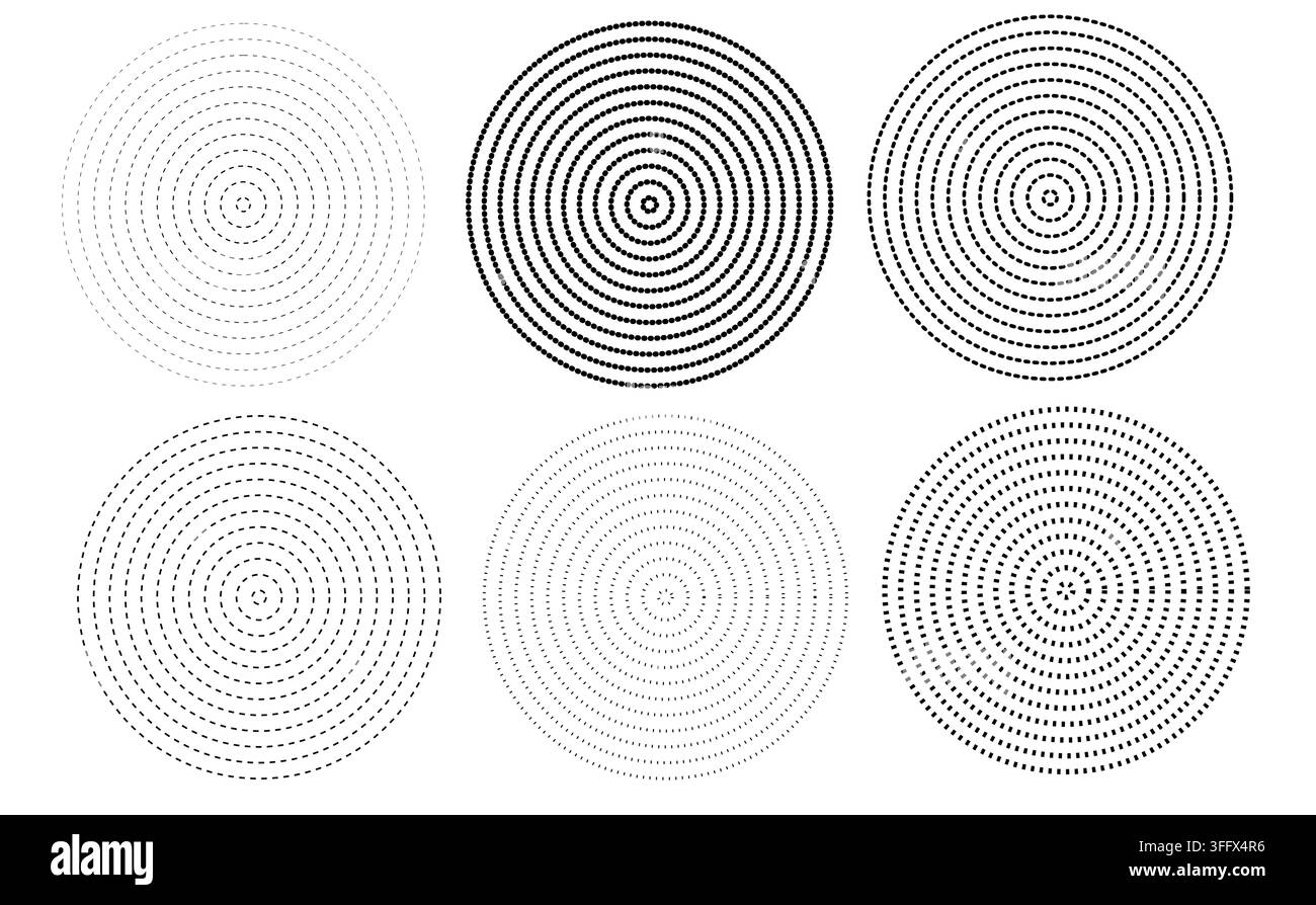 Set di cerchi concentrici neri. Linee vettoriali e simboli mezzotono. Collezione di anelli sonar o onde sonore. Elementi di segnale radiale o vibrazione a onde. Dotte Illustrazione Vettoriale