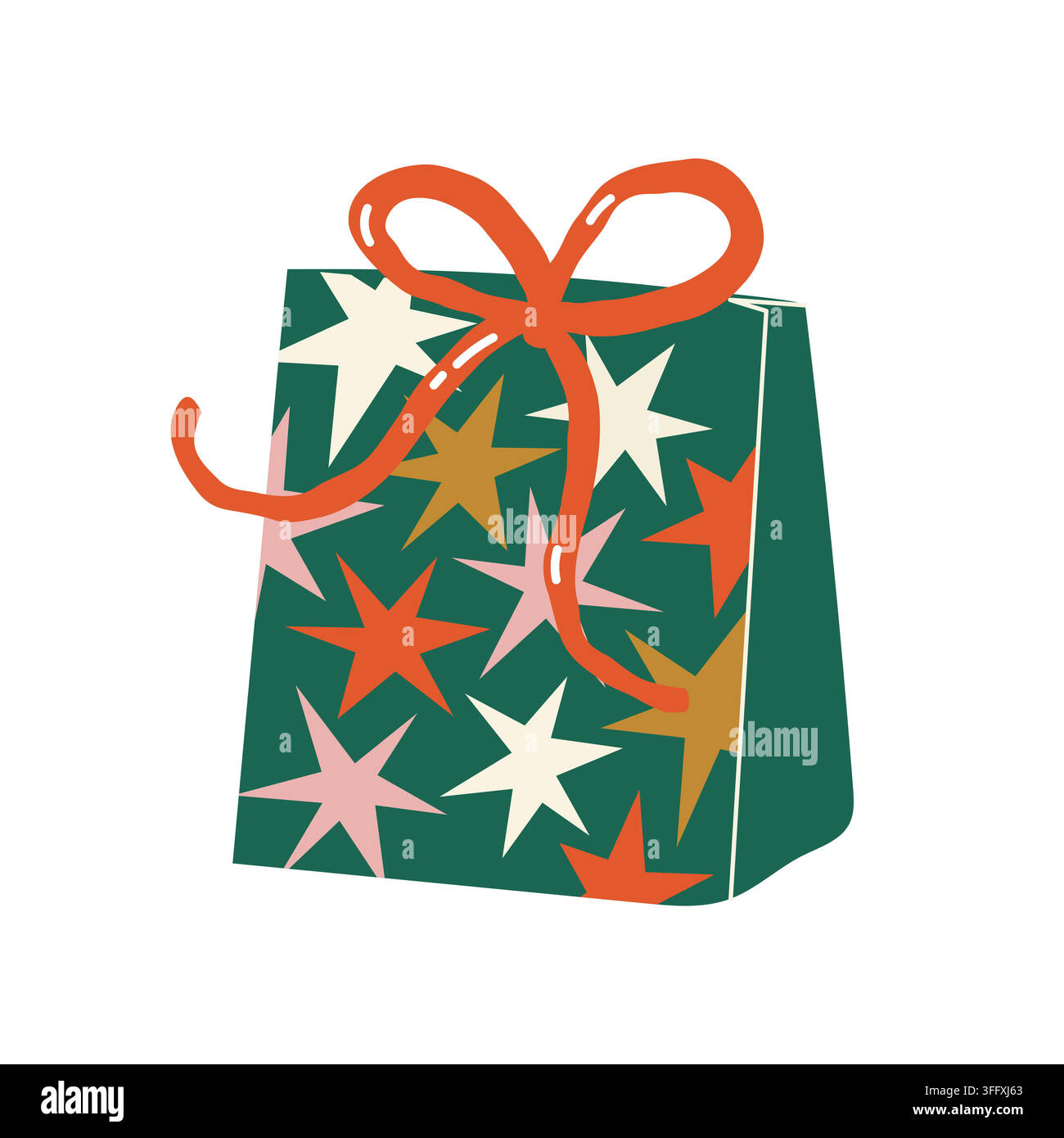 Busta regalo verde con fiocco di nastro rosso e motivo stelle colorate per Natale e festività Illustrazione Vettoriale