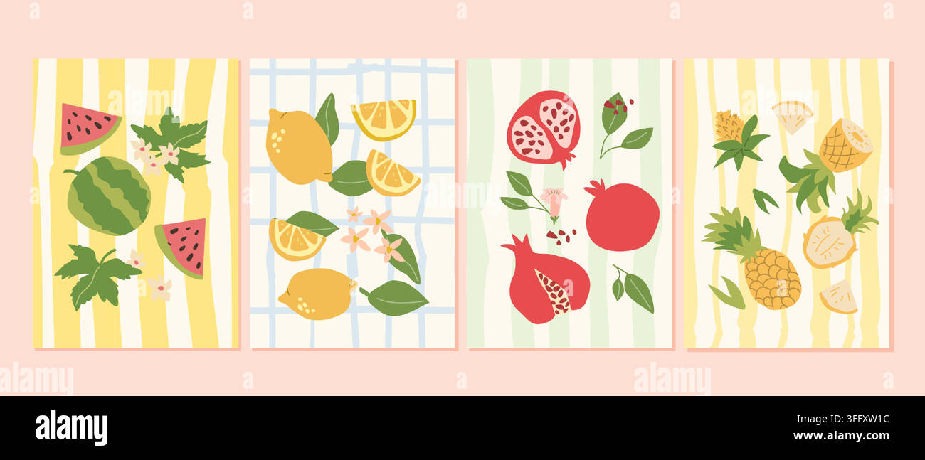 Set di poster a righe estive con frutti mediterranei. Anguria, limone, melagrana e ananas su strisce blu, gialle e verdi. Illustrazione disegnata a mano Illustrazione Vettoriale