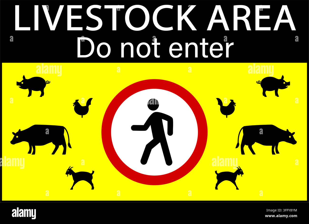 Area per il bestiame, accesso vietato. Segnale di divieto con cartello di accesso vietato, silhouette di animali da fattoria ai lati e testo nella parte superiore. Sfondo giallo Illustrazione Vettoriale