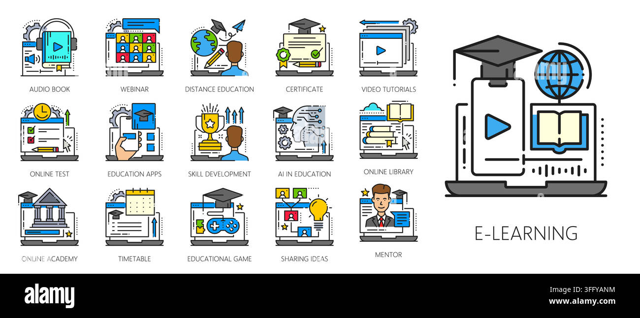 Set di icone vettoriali lineari per l'educazione online. Tutorial video e libri audio, pittogramma vettoriale lineare, simbolo di mentor a distanza. Educazione online, icona di test dell'app o segno di contorno con computer portatile Illustrazione Vettoriale
