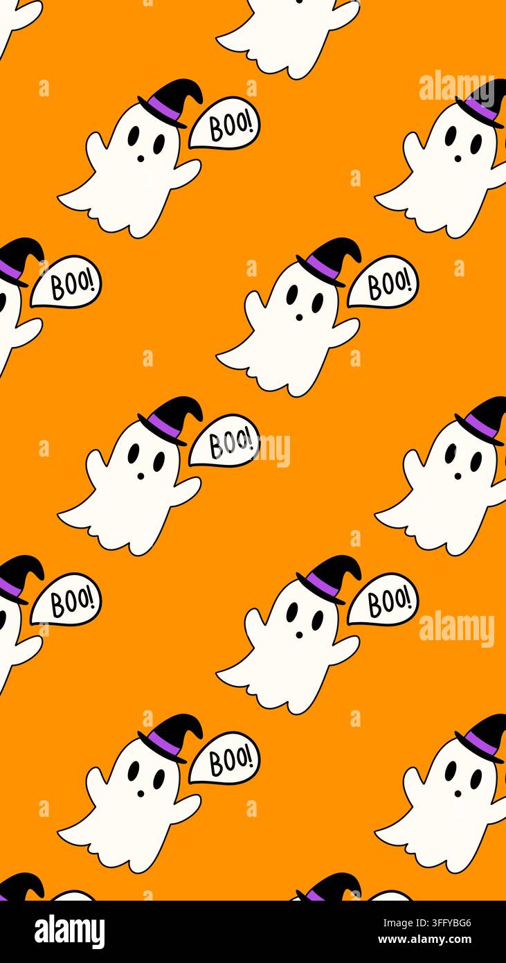 Fantasma carino che dice "bu" su sfondo arancione. Sfondi per Halloween, modelli per social media, inviti per feste e design di imballaggi. Foto Stock