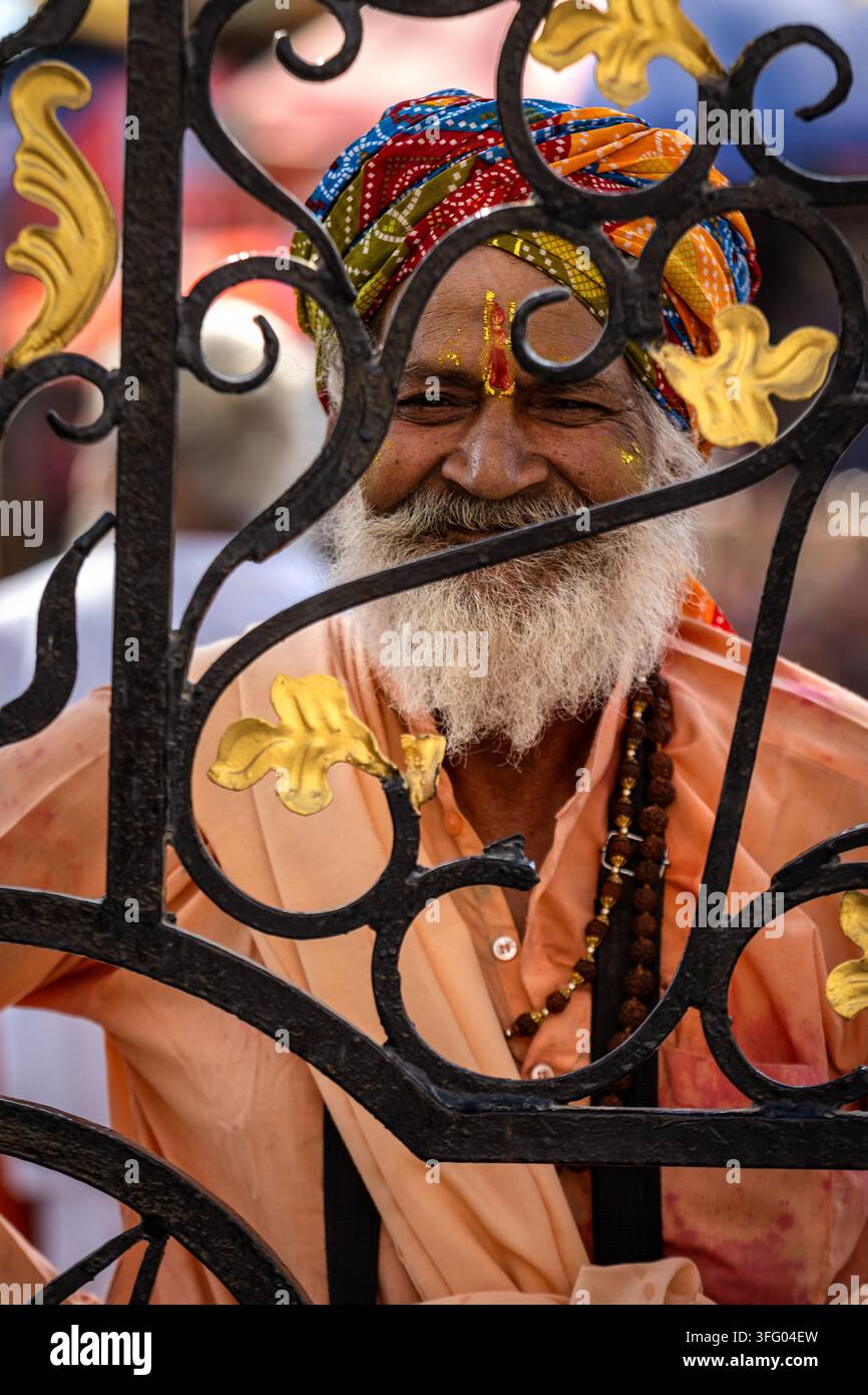 Sadhu indù indiano dietro un cancello di metallo decorativo Foto Stock