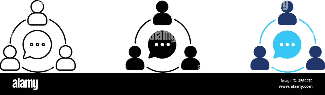 Icona di chat di rete sociale che rappresenta membri del team connessi, comunicazione circolare, interazione di bolle di discorso e dialogo comunitario. Illustrazione Vettoriale