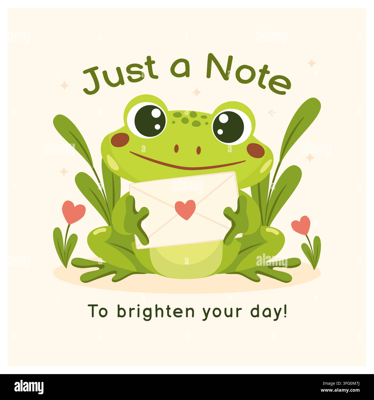 Illustrazione per San Valentino: una simpatica rana verde con uno sfondo di lettere con fiori e foglie. Illustrazione Vettoriale