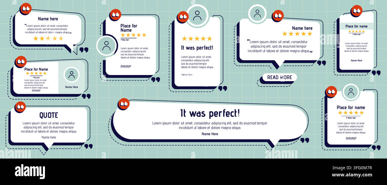 Confezione con diversi layout di testimonianze a forme varie. Design semplice e carino con valutazione a cinque stelle e raccomandazioni di testo su sfondo blu. Illustrazione Vettoriale