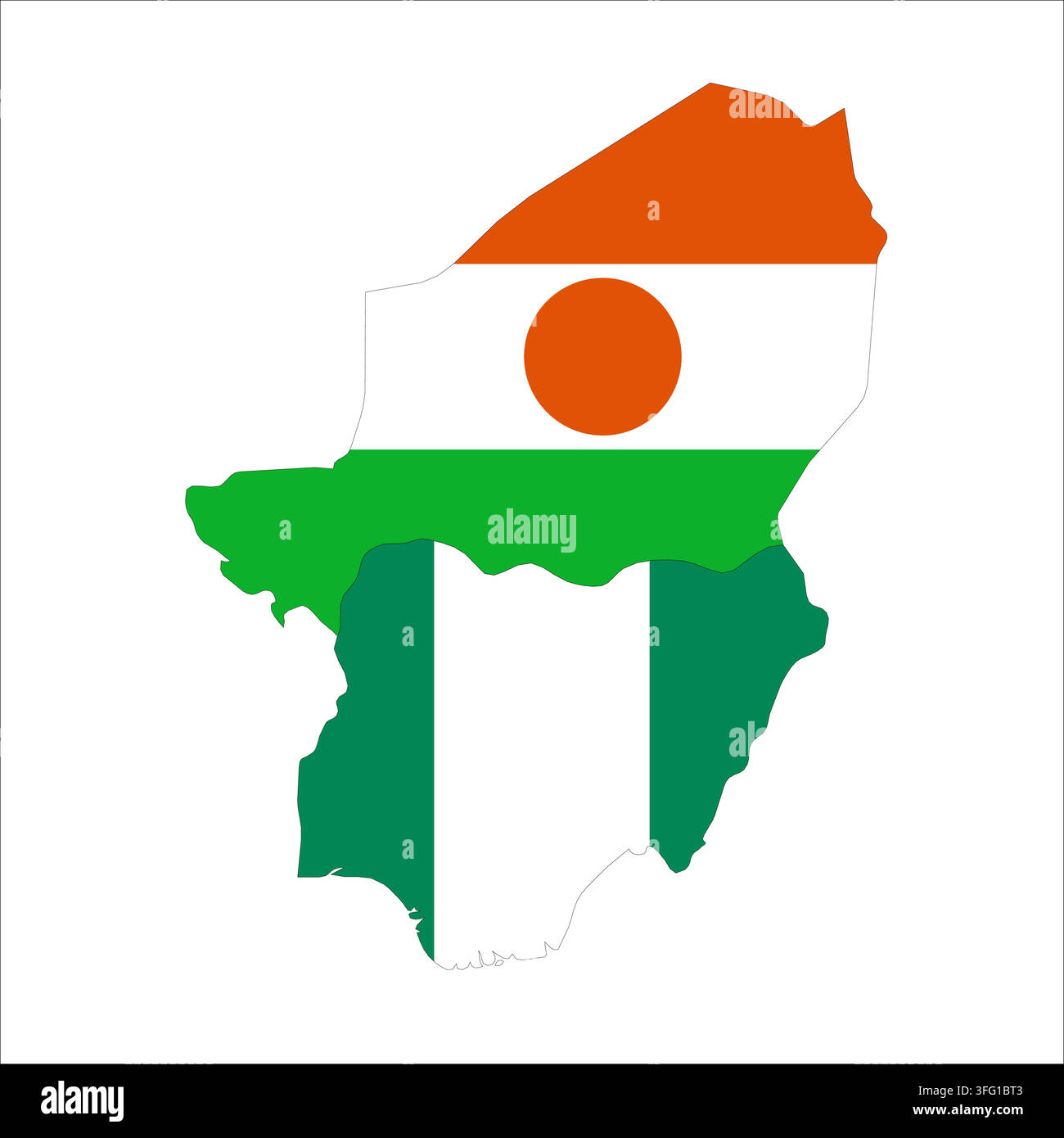 Contorno della mappa della Nigeria e del Niger. Le bandiere dei paesi riempiono le forme con i loro colori. Simbolo di cooperazione regionale, identità e partnership Illustrazione Vettoriale