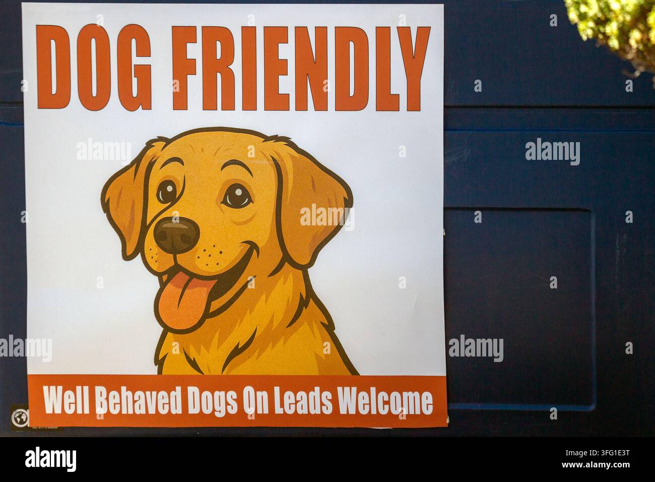 Un cartello "Amico dei cani" con un'illustrazione cartoon di un Golden Retriever che accoglie cani ben educati al guinzaglio. Southport, Regno Unito. Foto Stock